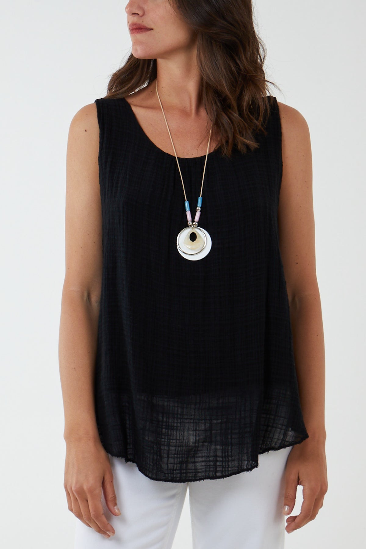 Double Layer Scoop Neck Necklace Vest TOPMF2 WearAll Black One Size