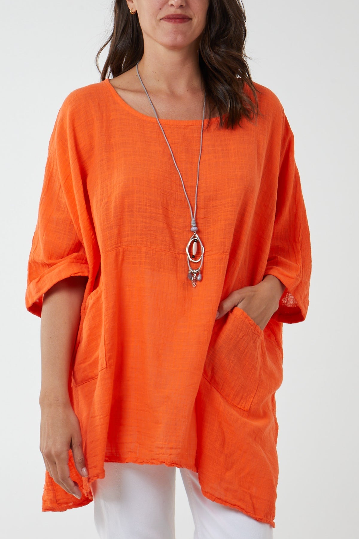 100% Cotton Oversized Pocket Necklace Top TOPMF2 WearAll Orange One Size