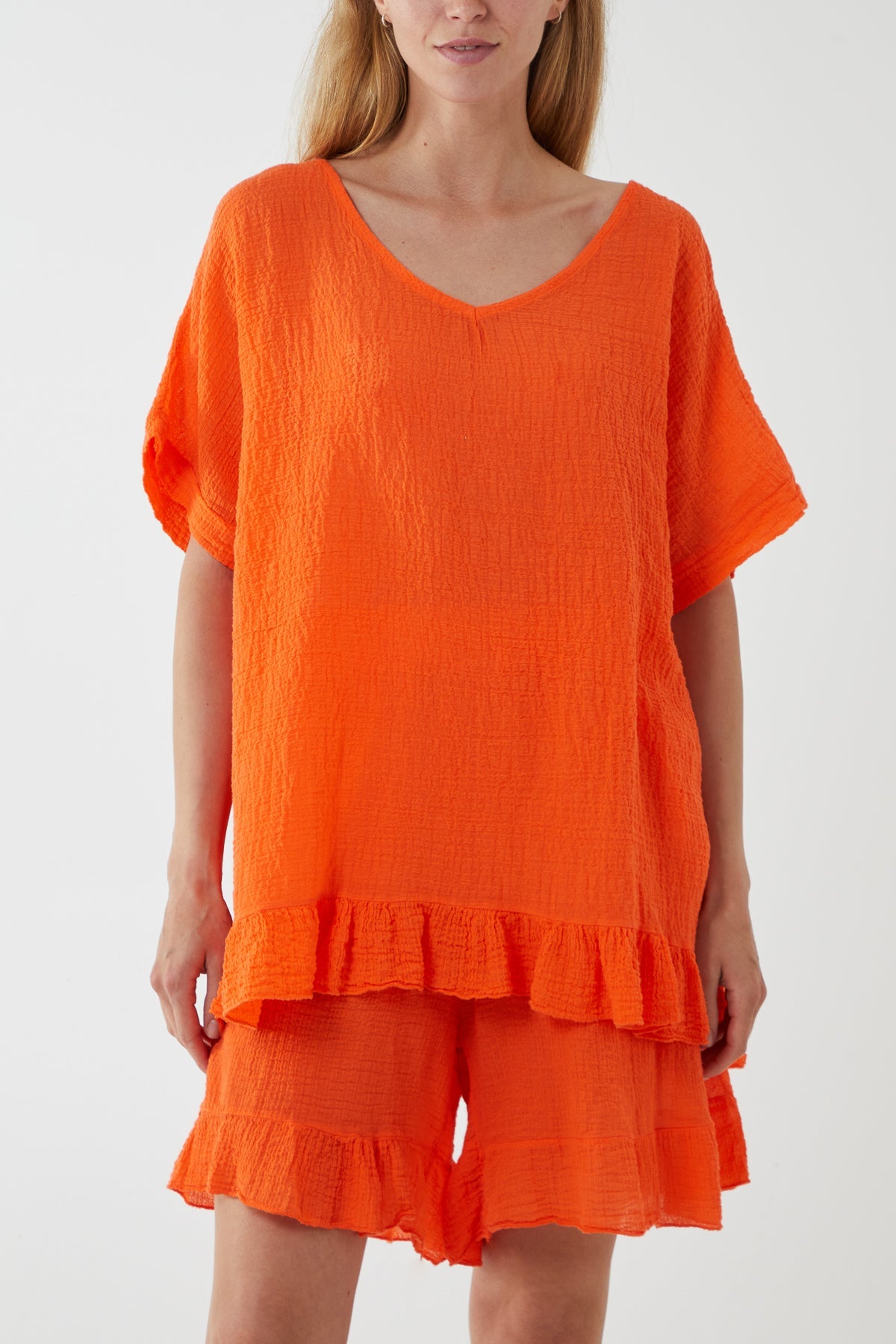 Cotton Blend Frill Hem Top & Short Set TW1 WearAll Orange One Size