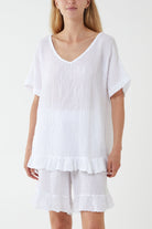 Cotton Blend Frill Hem Top & Short Set TW1 WearAll White One Size