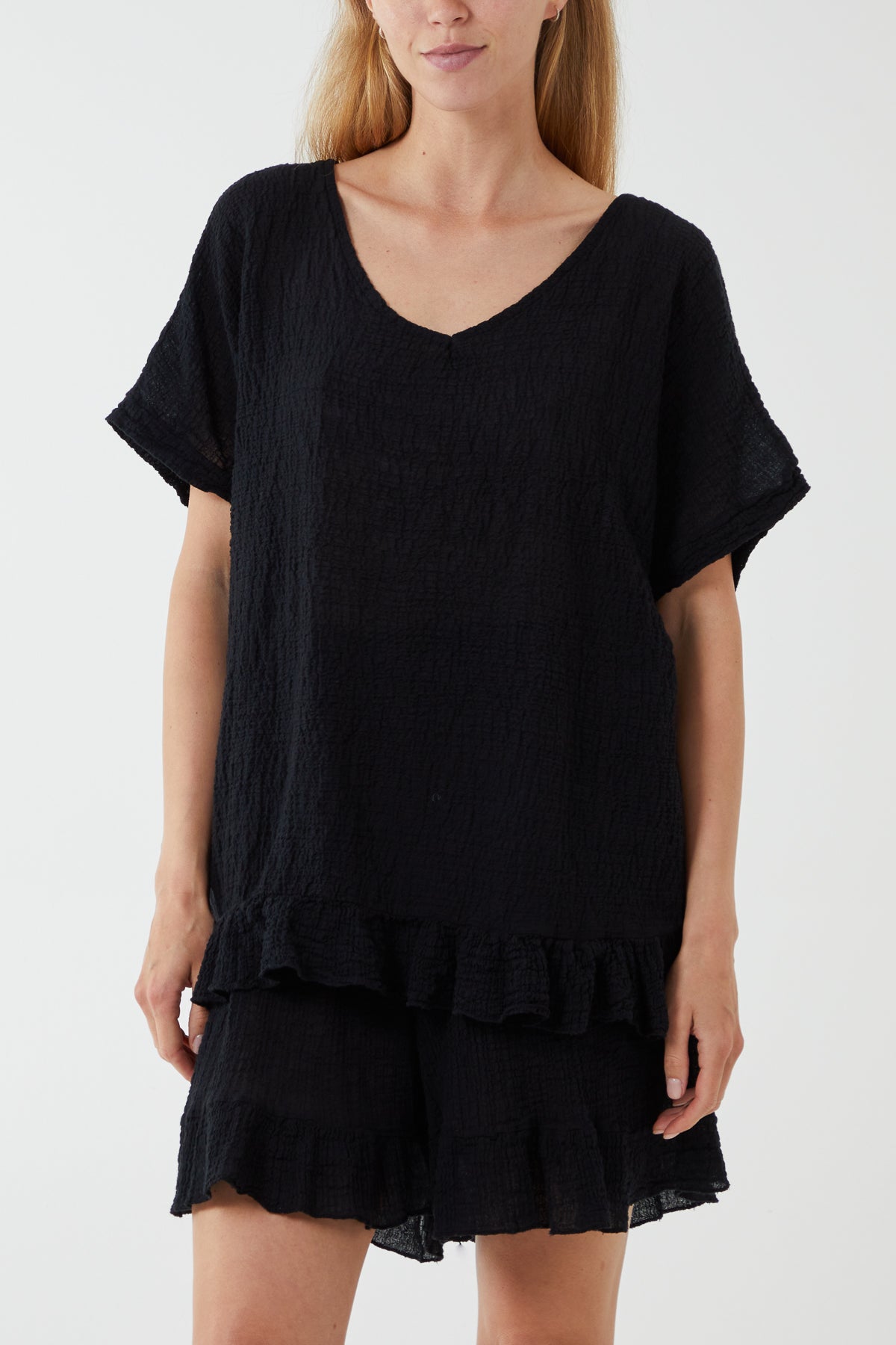 Cotton Blend Frill Hem Top & Short Set TW1 WearAll Black One Size