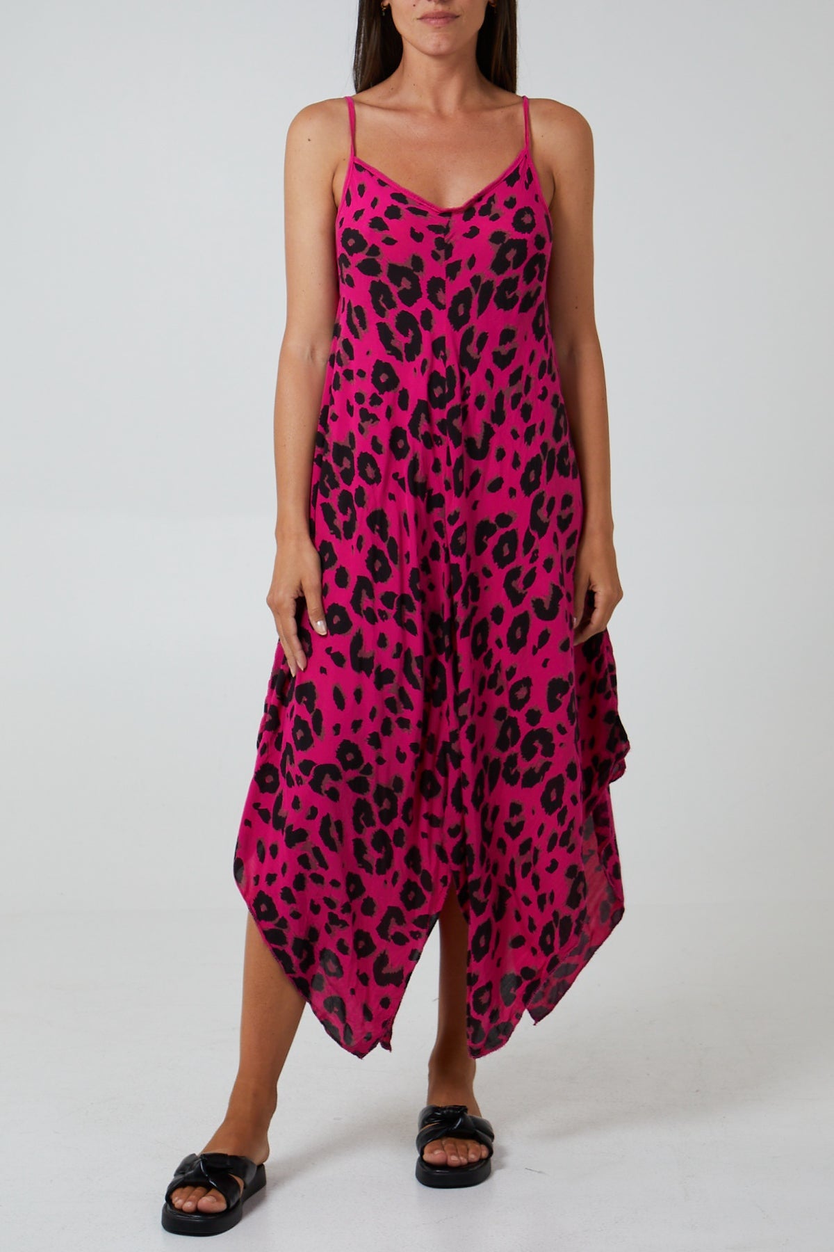 Hanky Hem Leopard Print Dress DMF2 WearAll Fuchsia One Size