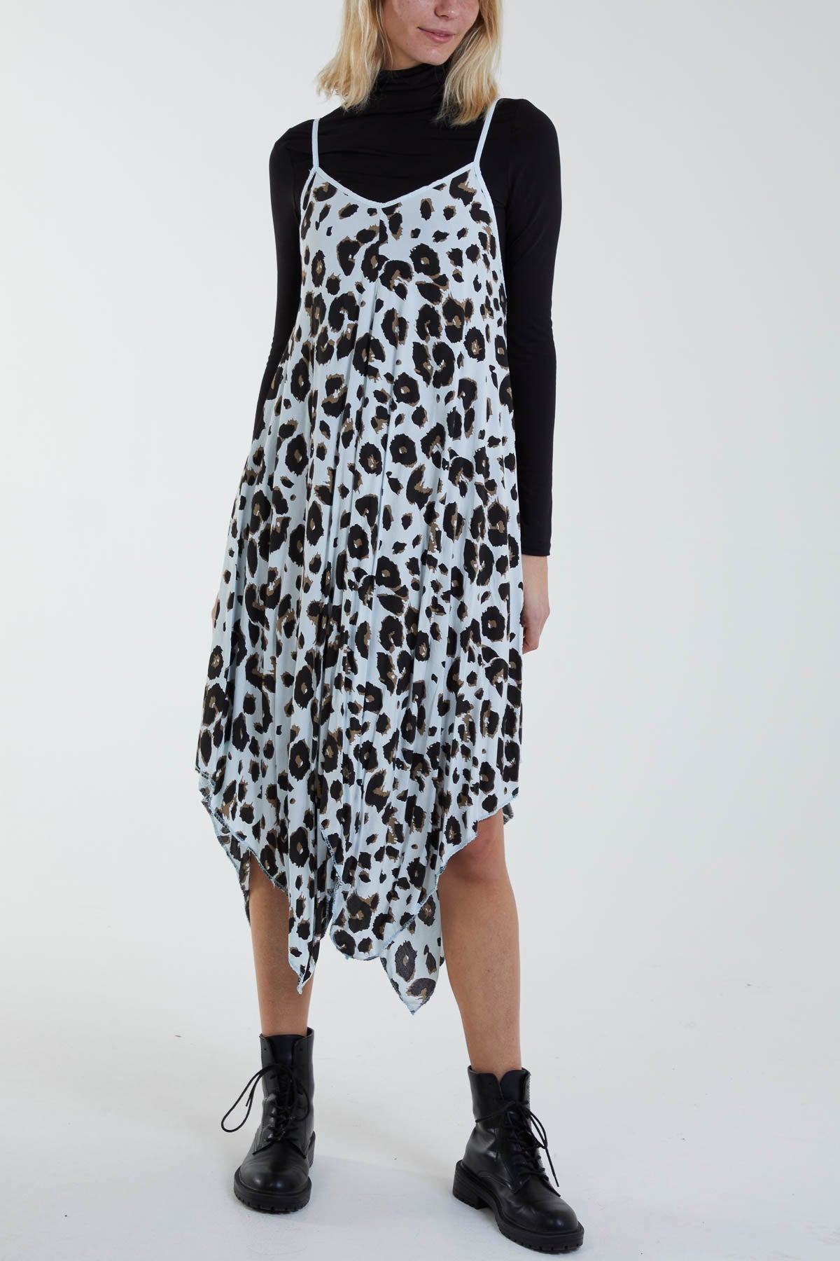 Hanky Hem Leopard Print Dress DMF2 WearAll Light Blue One Size