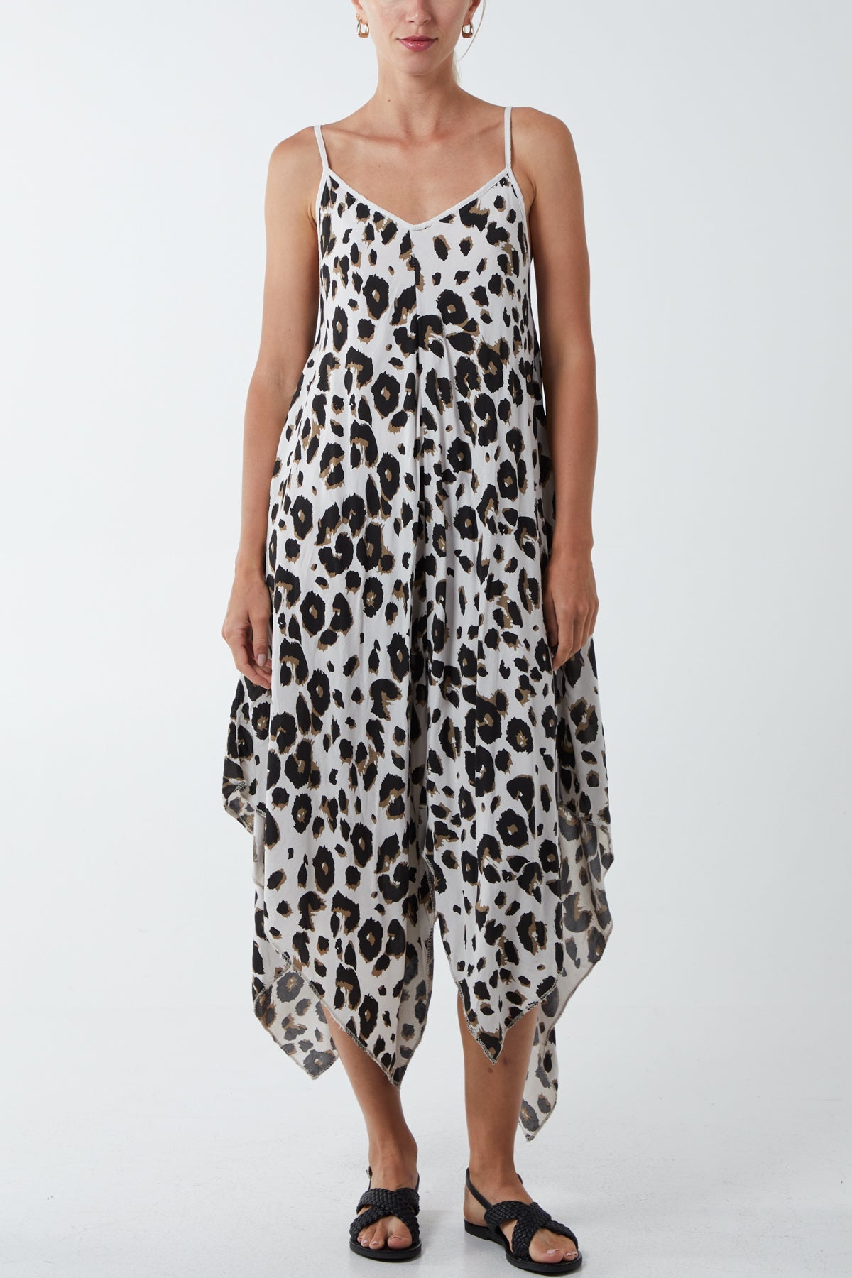 Hanky Hem Leopard Print Dress DMF2 WearAll Oatmeal One Size