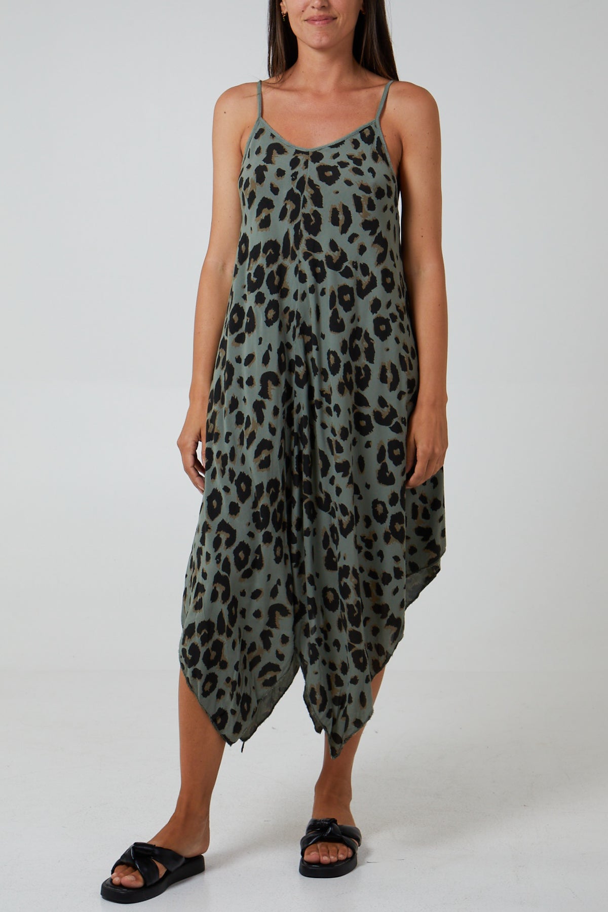 Hanky Hem Leopard Print Dress DMF2 WearAll Khaki One Size