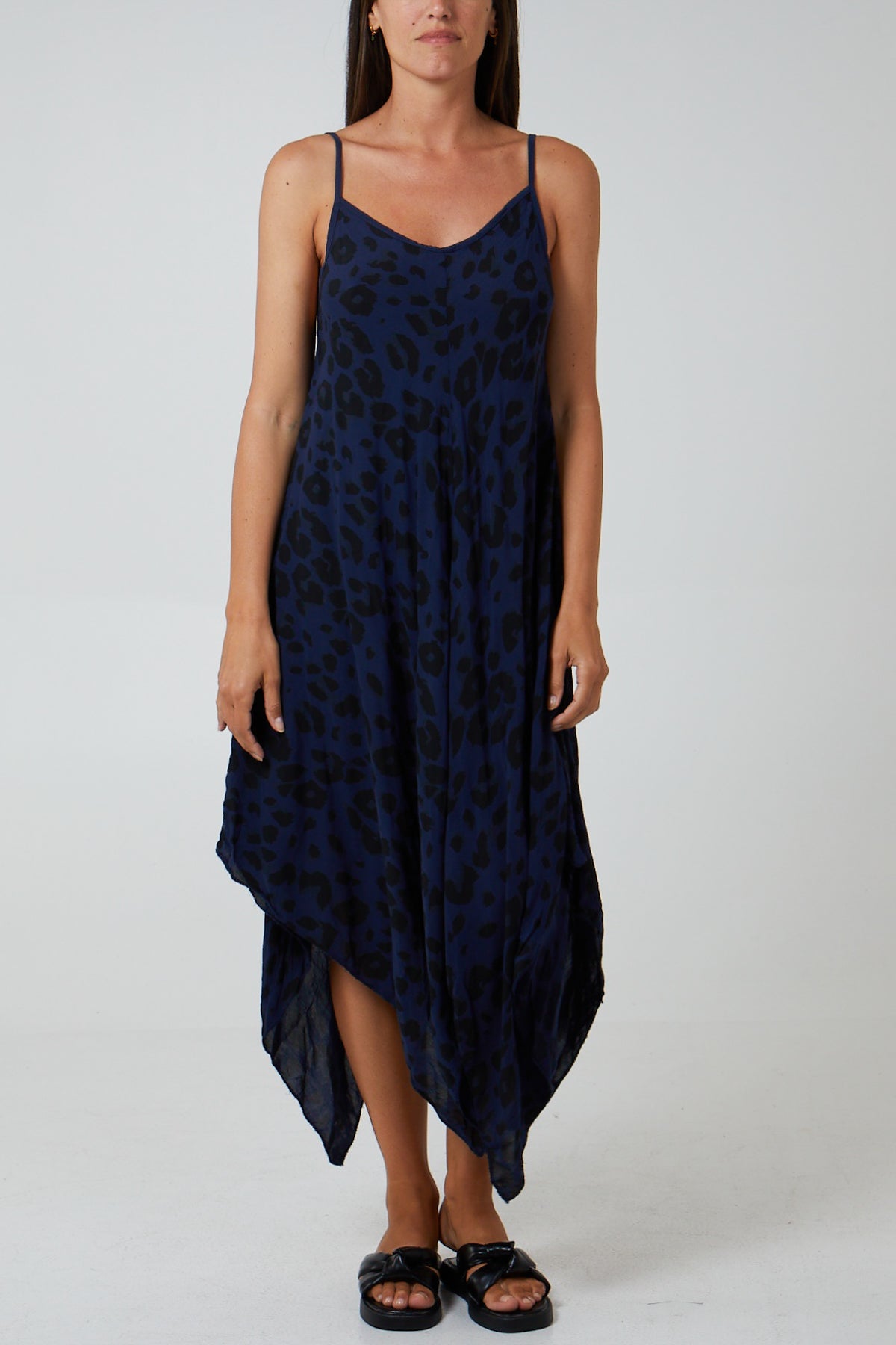 Hanky Hem Leopard Print Dress DMF2 WearAll Navy One Size