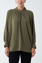 High Neck Batwing Sleeve Blouse TOPMF2 WearAll Khaki One Size