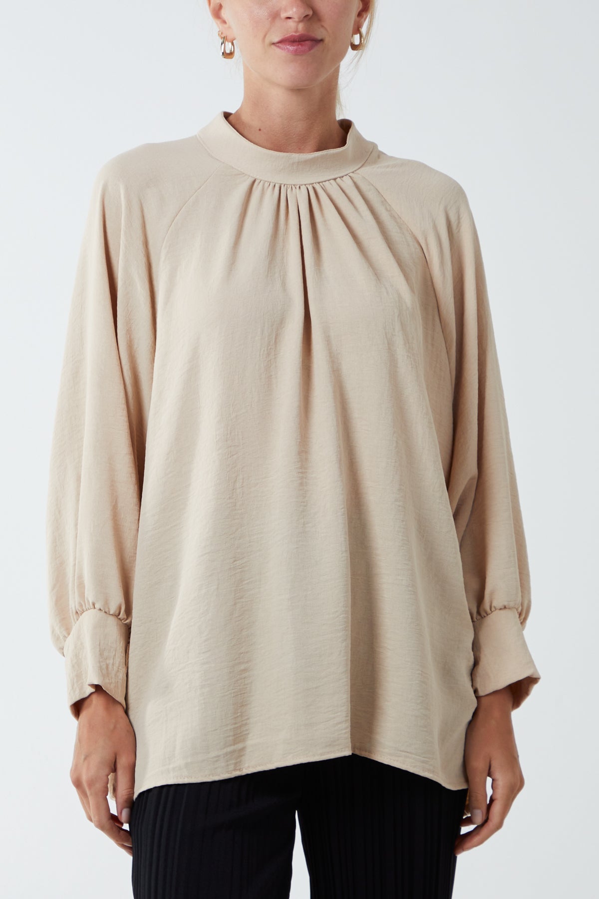 High Neck Batwing Sleeve Blouse TOPMF2 WearAll Beige One Size