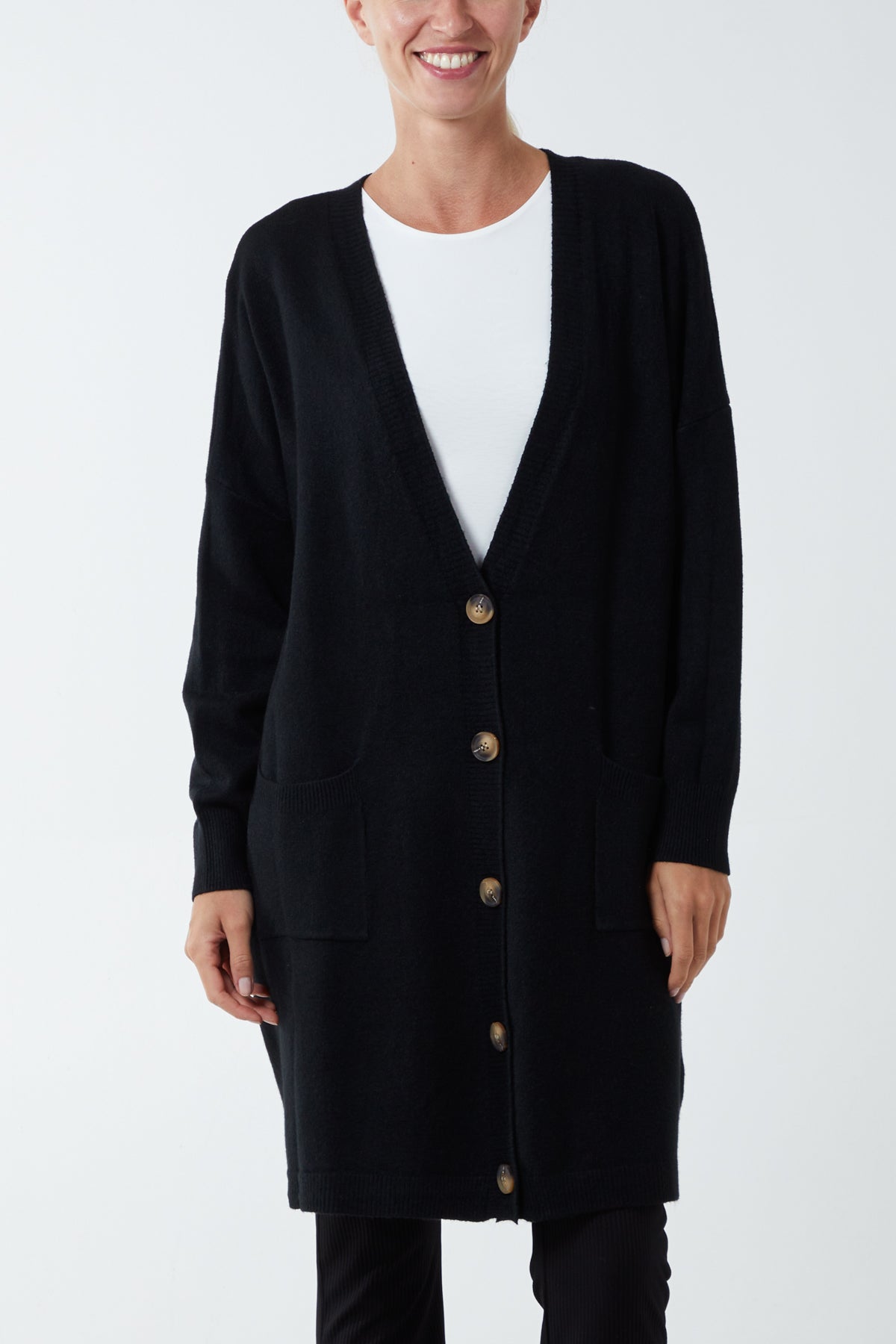 Longline Tortoiseshell Button Pocket Cardigan CMF1 WearAll Black One Size