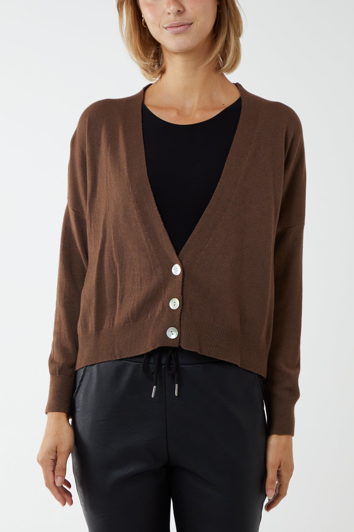 Three Button Cropped Ribbed Cuff Hem Cardigan CMF1 WearAll Brown One Size