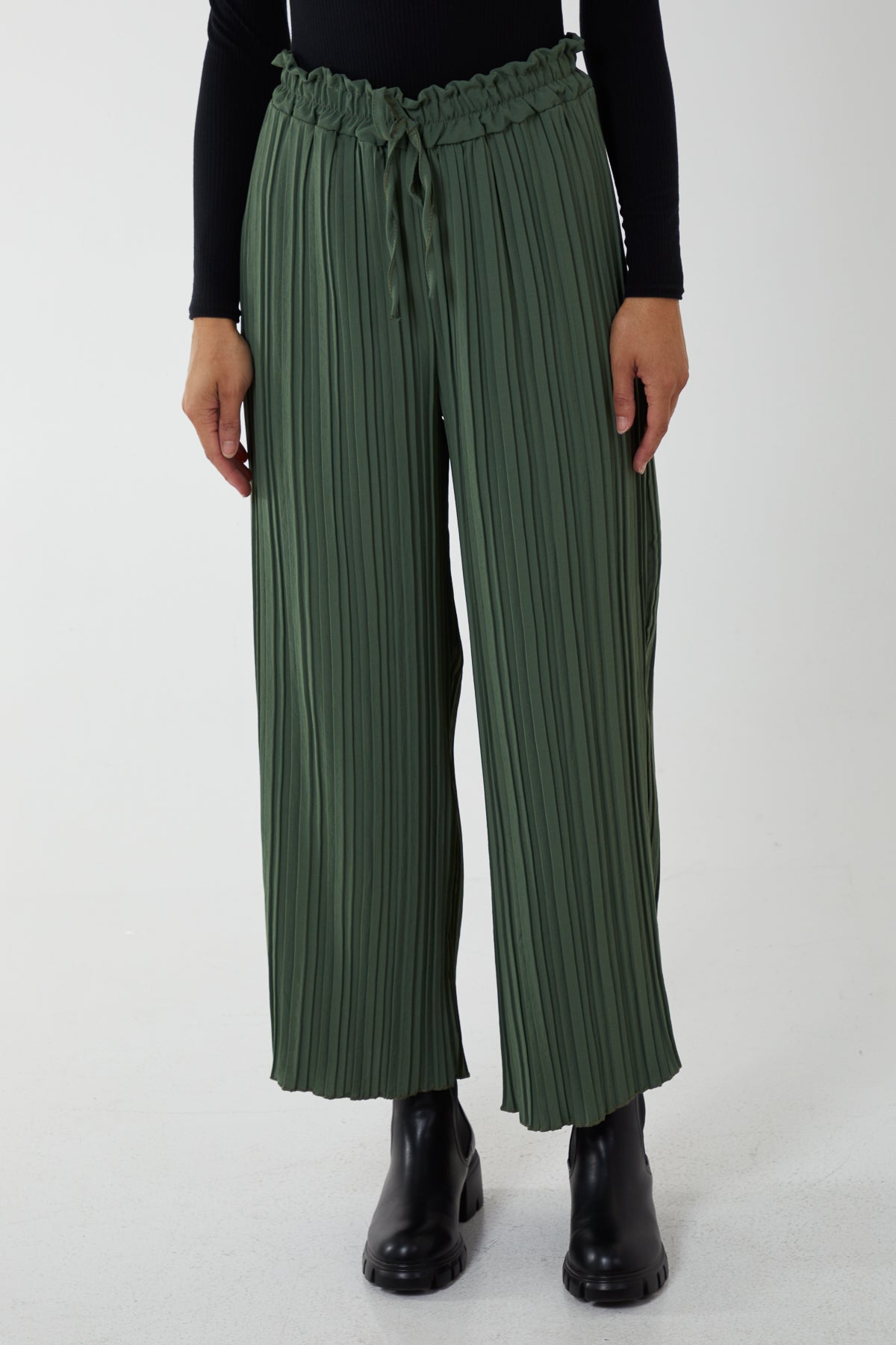 Wide Leg Plisse Drawstring Trousers TRS1 WearAll Khaki One Size