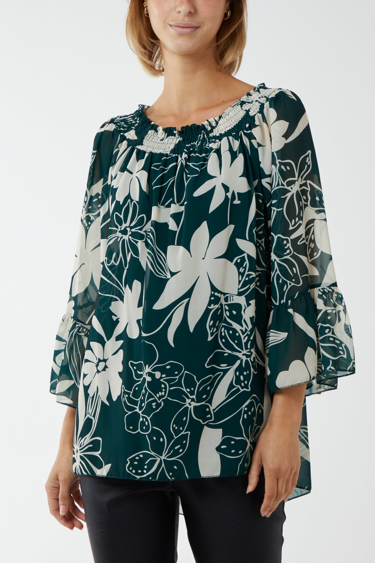 Floral Bardot Long Sleeve Blouse TOPMF2 WearAll Bottle Green One Size
