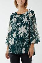 Floral Bardot Long Sleeve Blouse TOPMF2 WearAll Bottle Green One Size