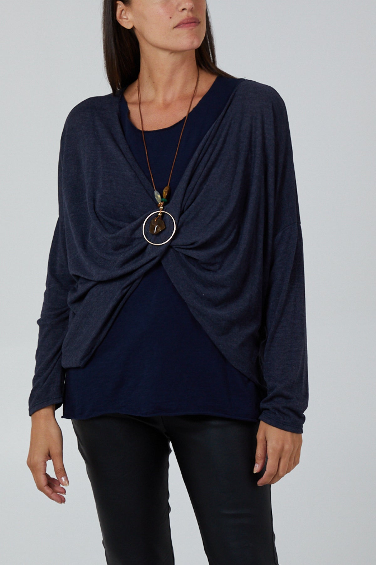 Twist Front 2 in 1 Necklace Long Sleeve Top TOPMF2 WearAll Navy One Size