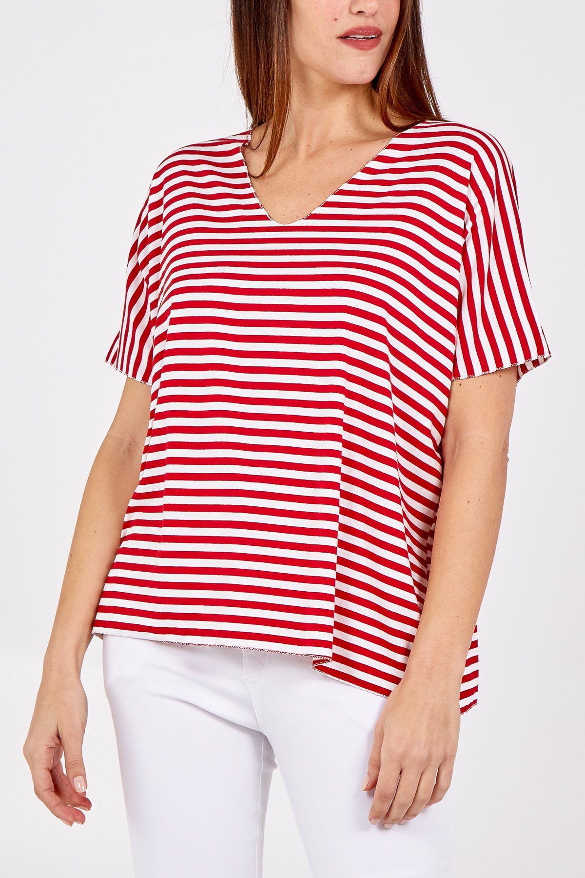 V-Neck Stripe T-Shirt TOPMF2 WearAll Red One Size