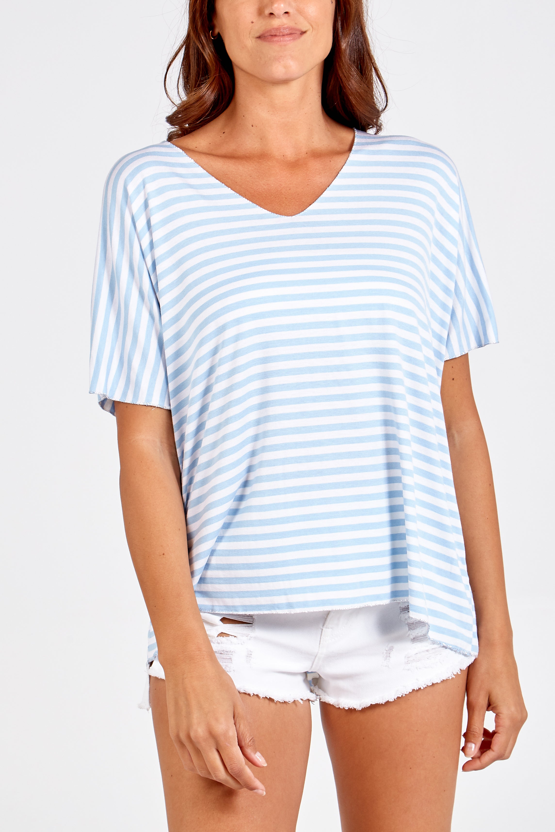 V-Neck Stripe T-Shirt TOPMF2 WearAll Light Blue One Size
