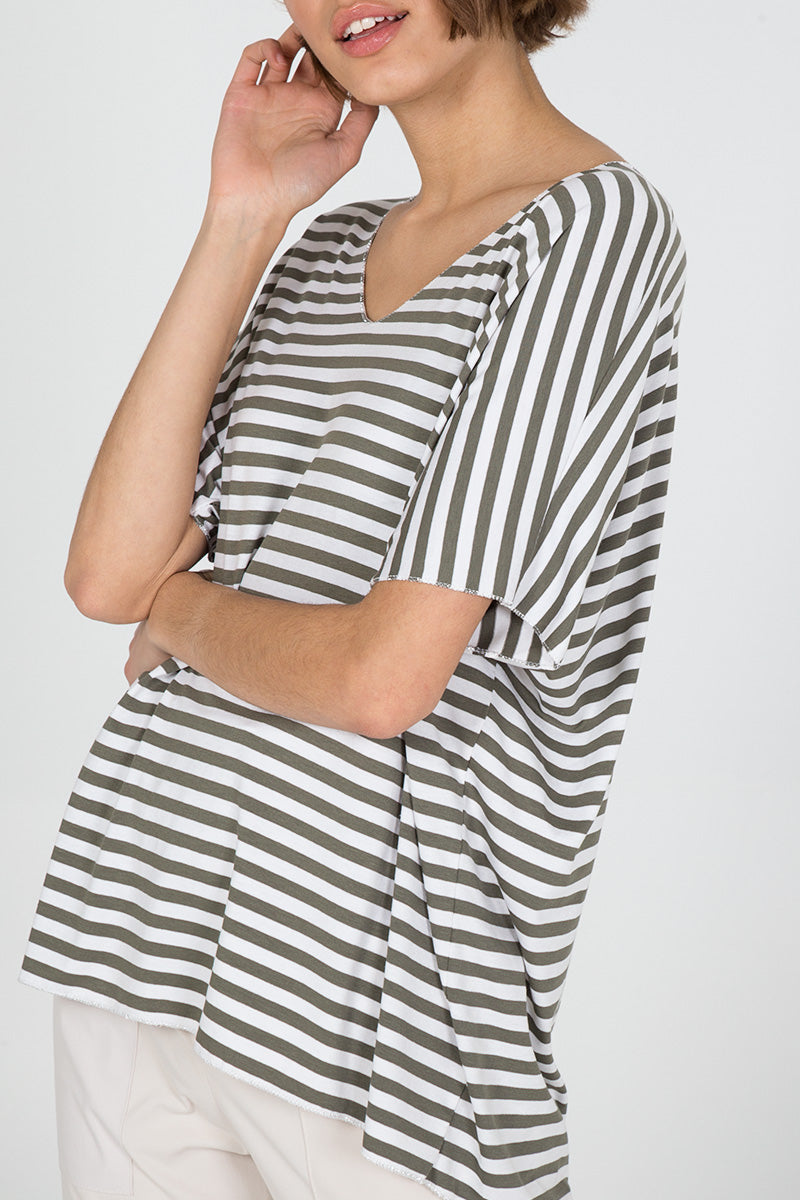 V-Neck Stripe T-Shirt TOPMF2 WearAll Khaki One Size
