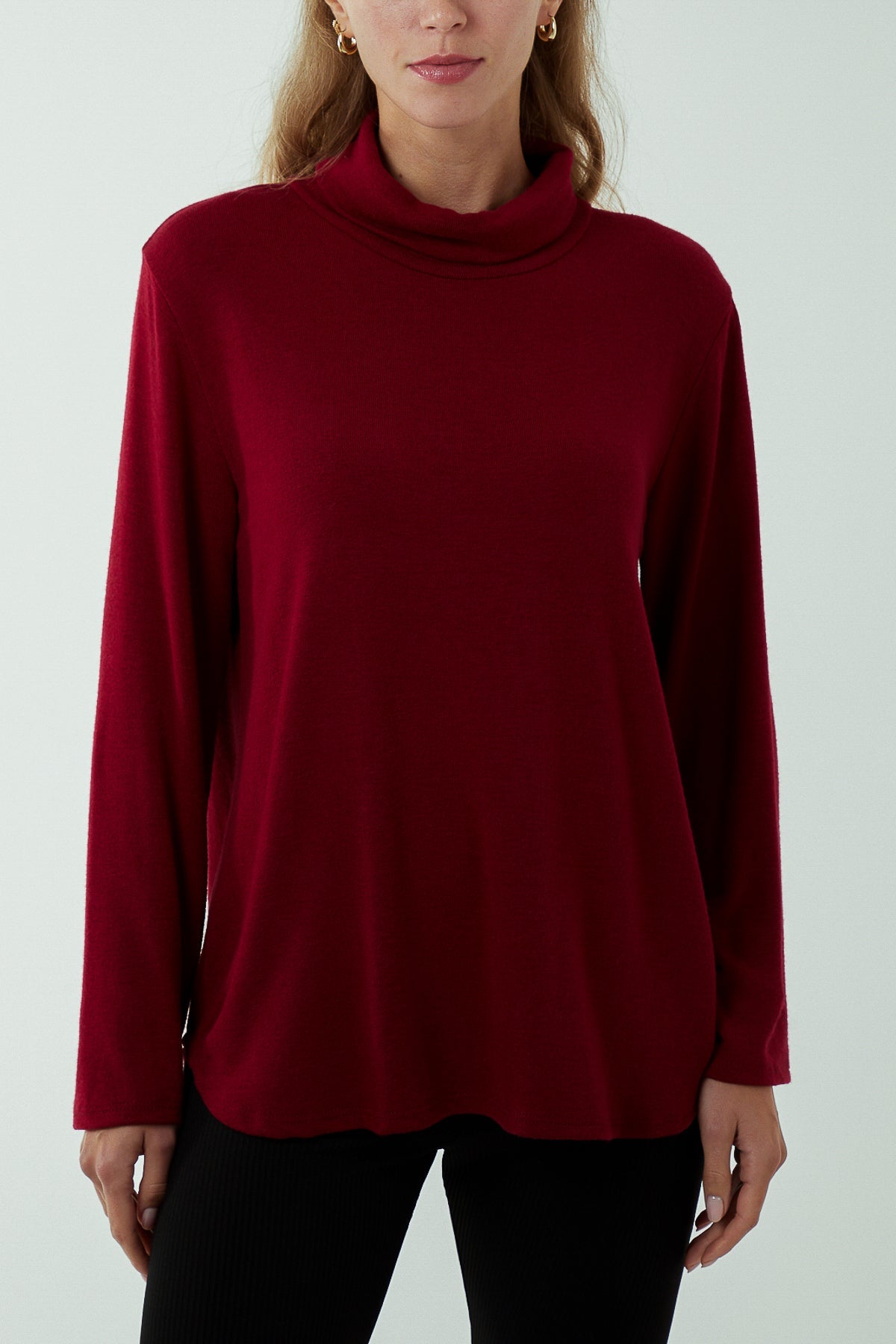 Roll Neck Fine Knit Jumper JMF1 WearAll Burgundy One Size