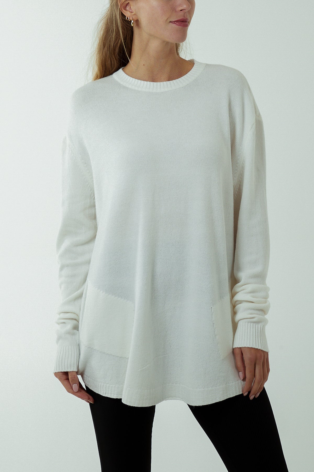 Pocket Crew Neck Oversized Jumper JMF1 WearAll White One Size