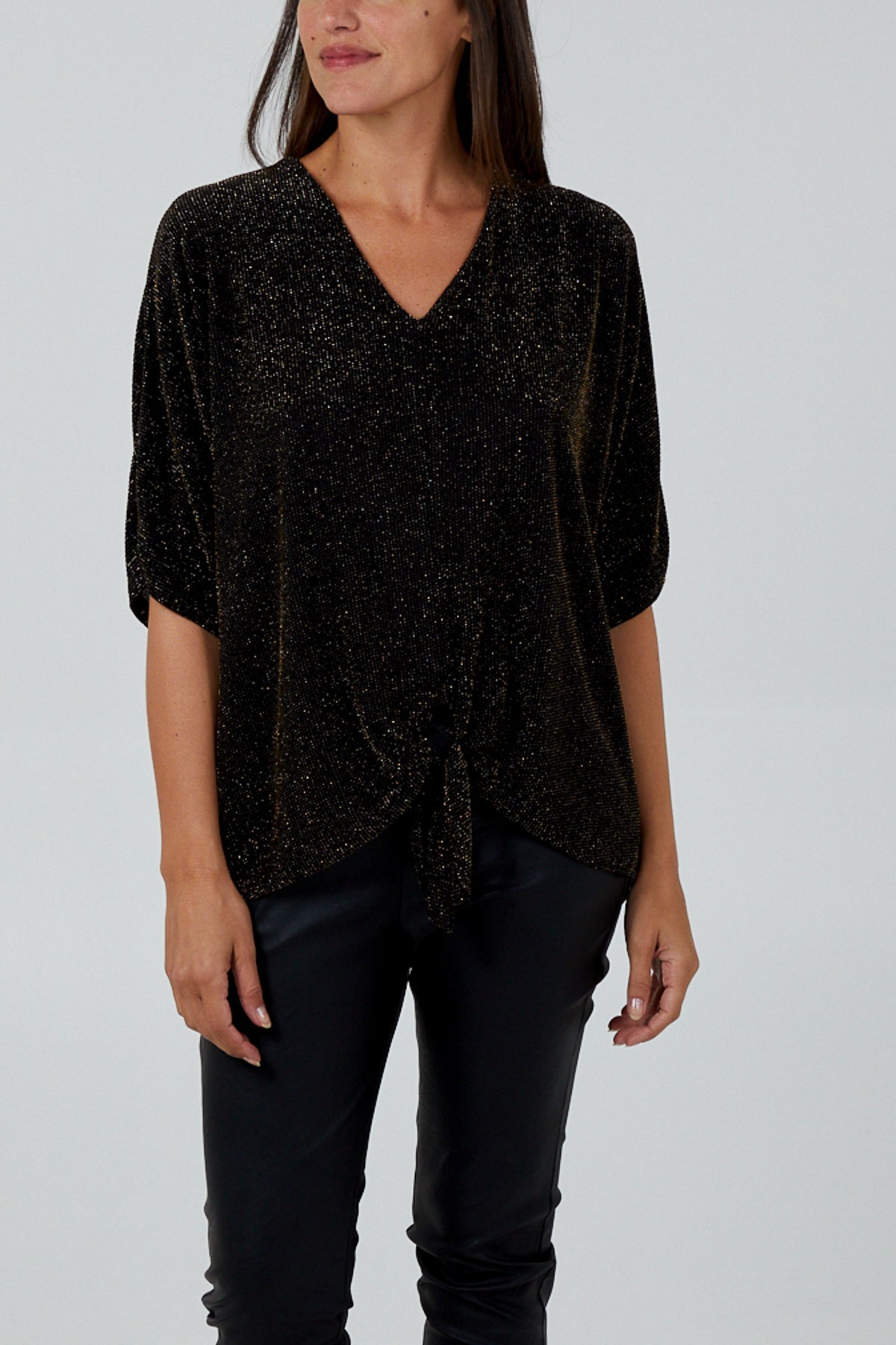 Glitter Lurex Tie Front Hem Blouse TOPMF2 WearAll Gold One Size