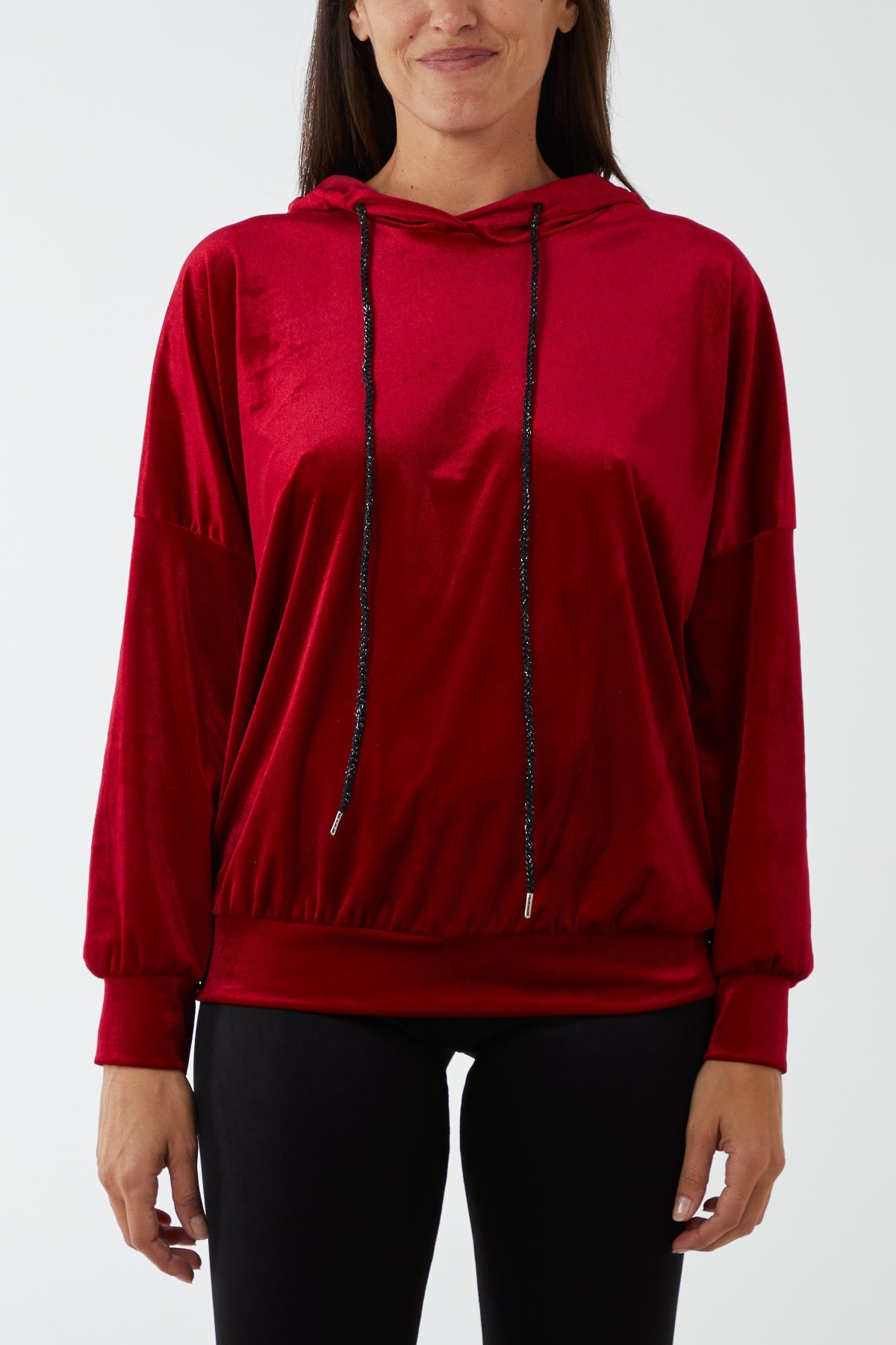 Velour Glitter Drawstring Hoodie JMF1 WearAll Red One Size
