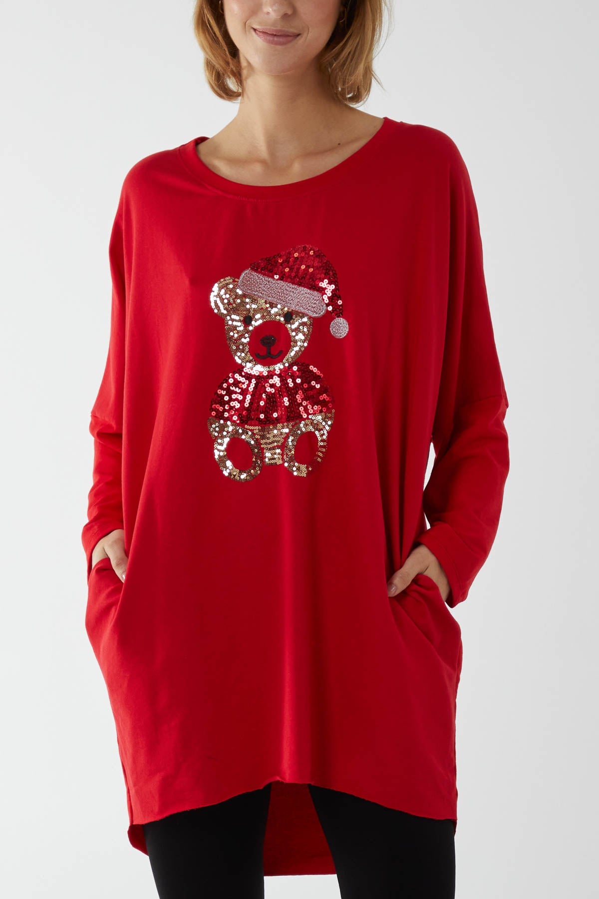 Sequin Teddy Bear Christmas Sweatshirt Jumper SWS1 WearAll Red One Size