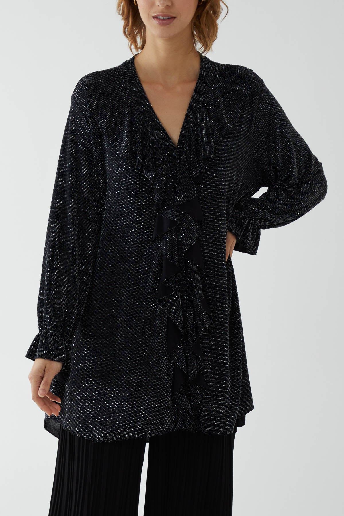 Glitter Lurex Ruffle Flounce Button Blouse TOPMF2 WearAll Silver One Size