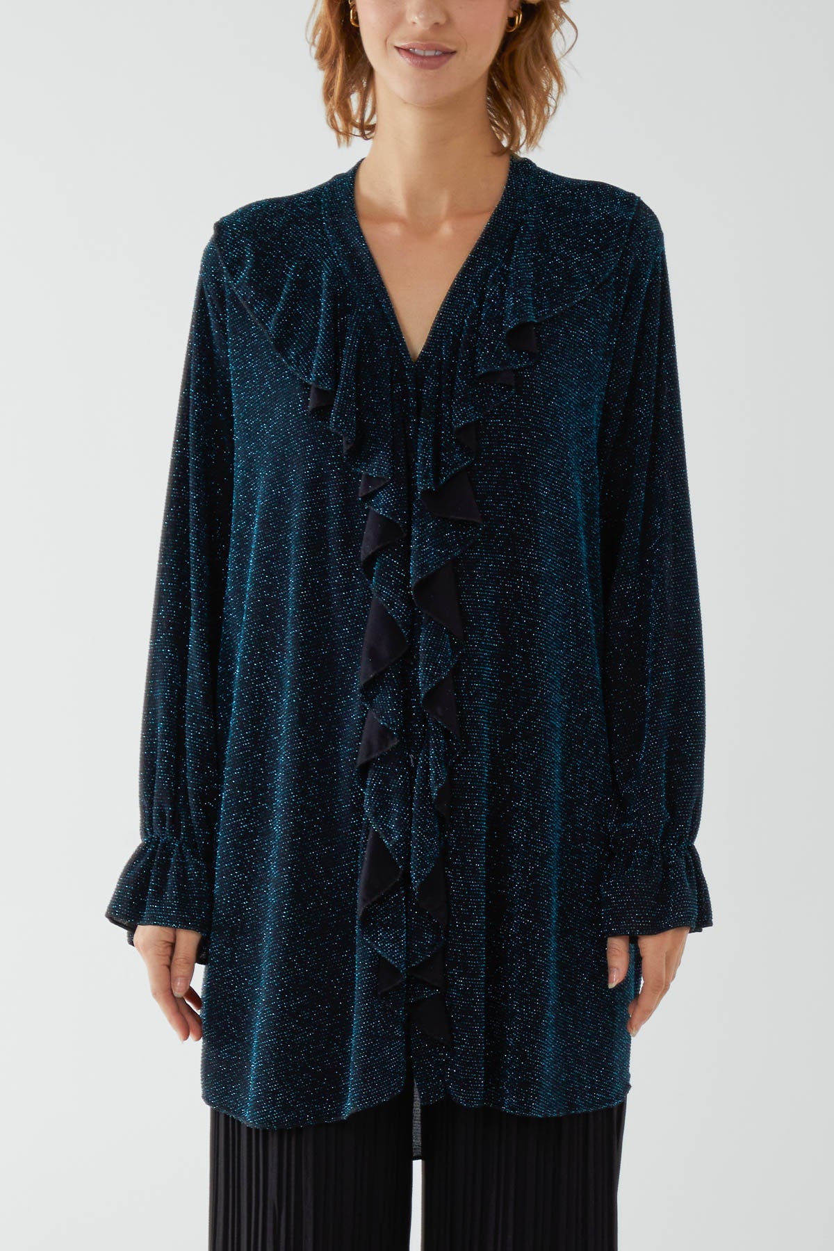 Glitter Lurex Ruffle Flounce Button Blouse TOPMF2 WearAll Teal One Size