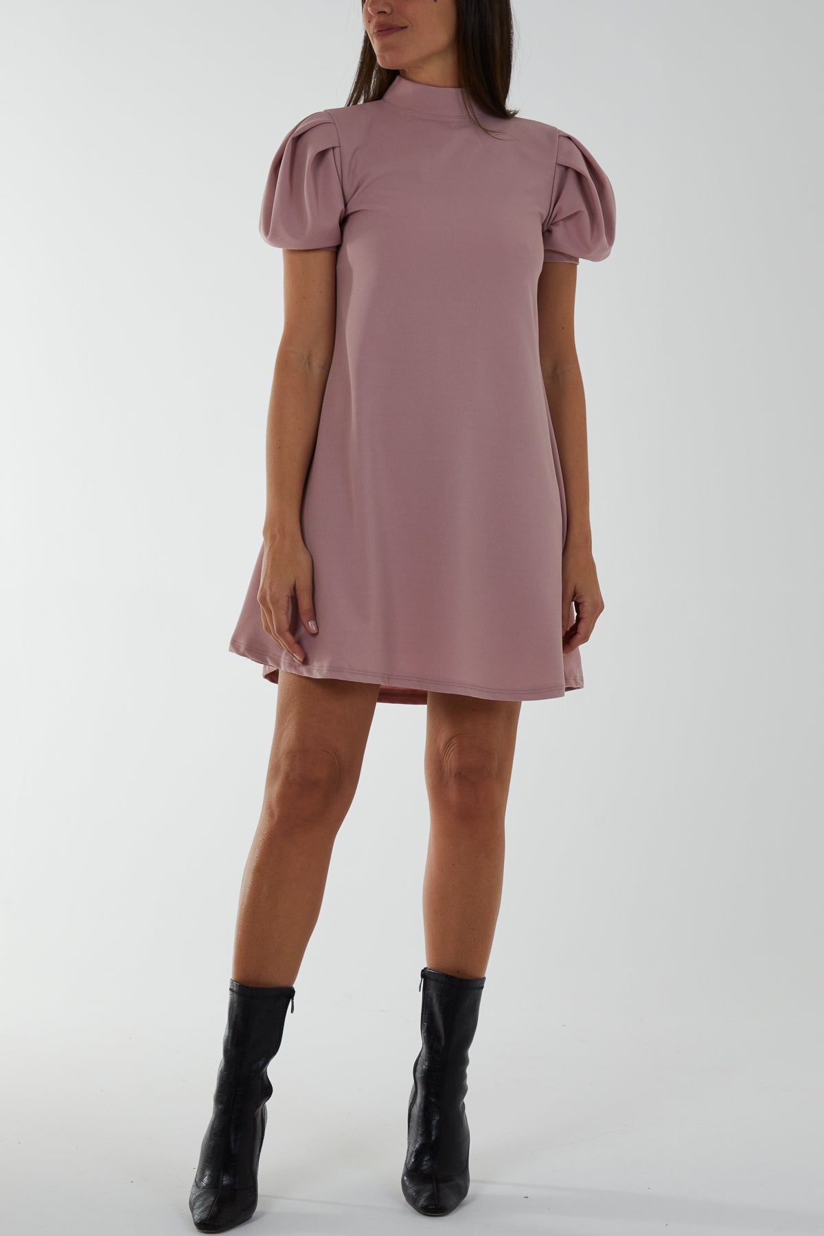 High Neck Puff Sleeve Mini Shift Dress DMF2 WearAll Blush S-M-L