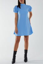 High Neck Puff Sleeve Mini Shift Dress DMF2 WearAll Sky Blue S-M-L