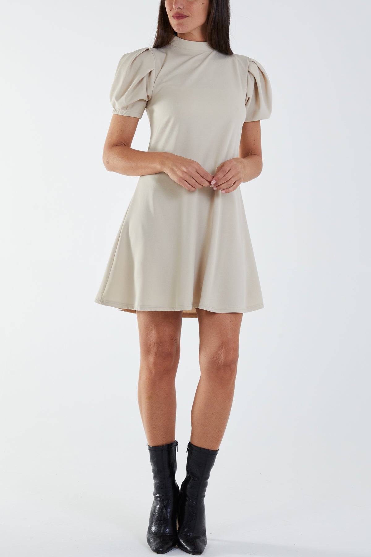 High Neck Puff Sleeve Mini Shift Dress DMF2 WearAll Stone S-M-L