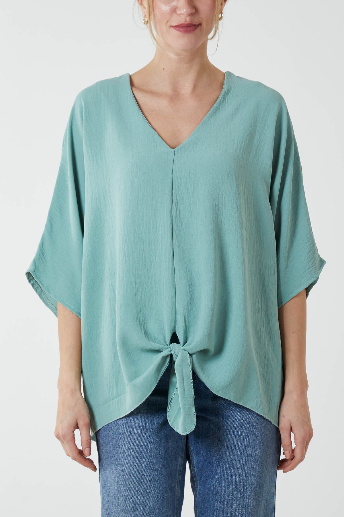 V-Neck Centre Front Tie Hem Blouse TOPMF2 WearAll Green One Size