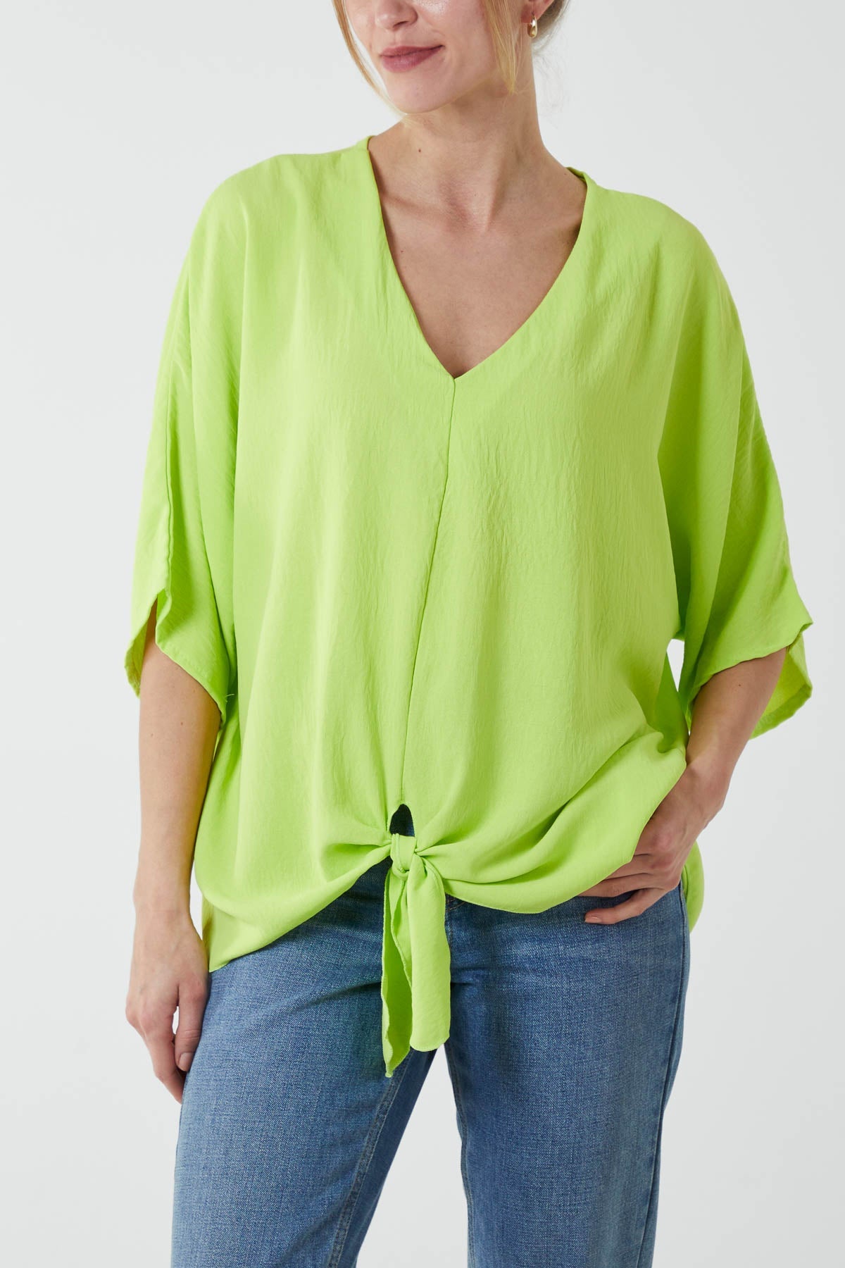 V-Neck Centre Front Tie Hem Blouse TOPMF2 WearAll Lime One Size