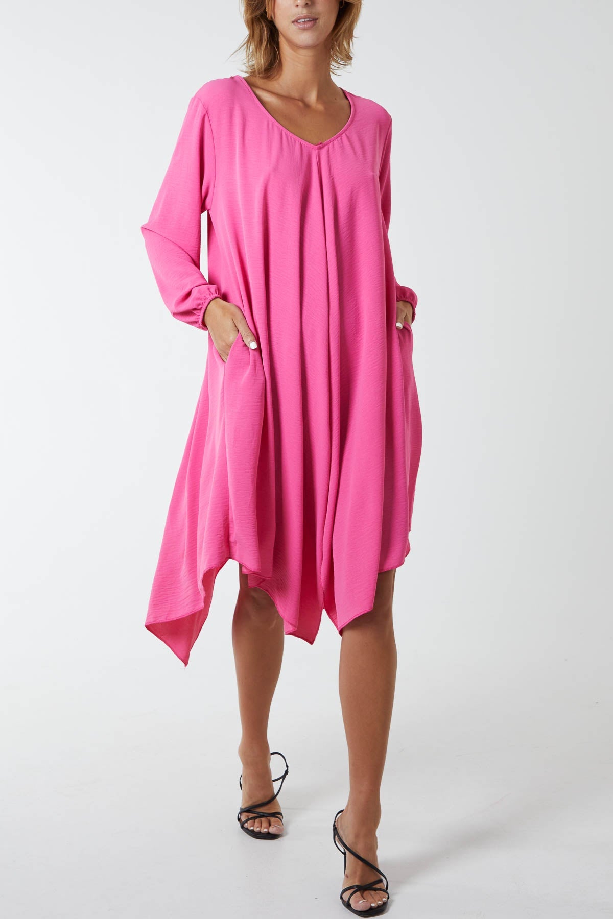 Floaty Asymmetric Hem Midi Dress DMF2 WearAll Hot Pink One Size