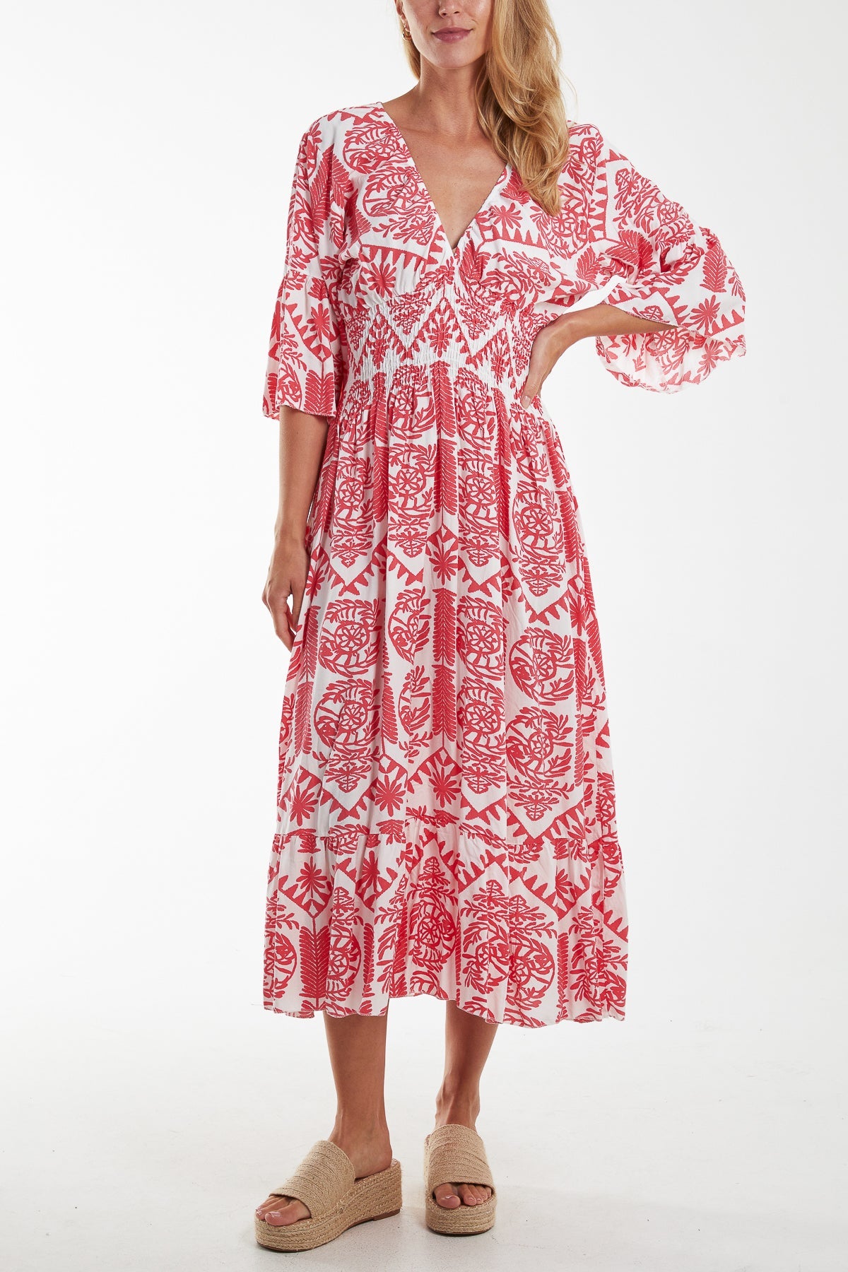 Baroque Floral Shirred Midi Dress DMF2 WearAll Coral One Size