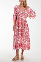 Baroque Floral Shirred Midi Dress DMF2 WearAll Coral One Size