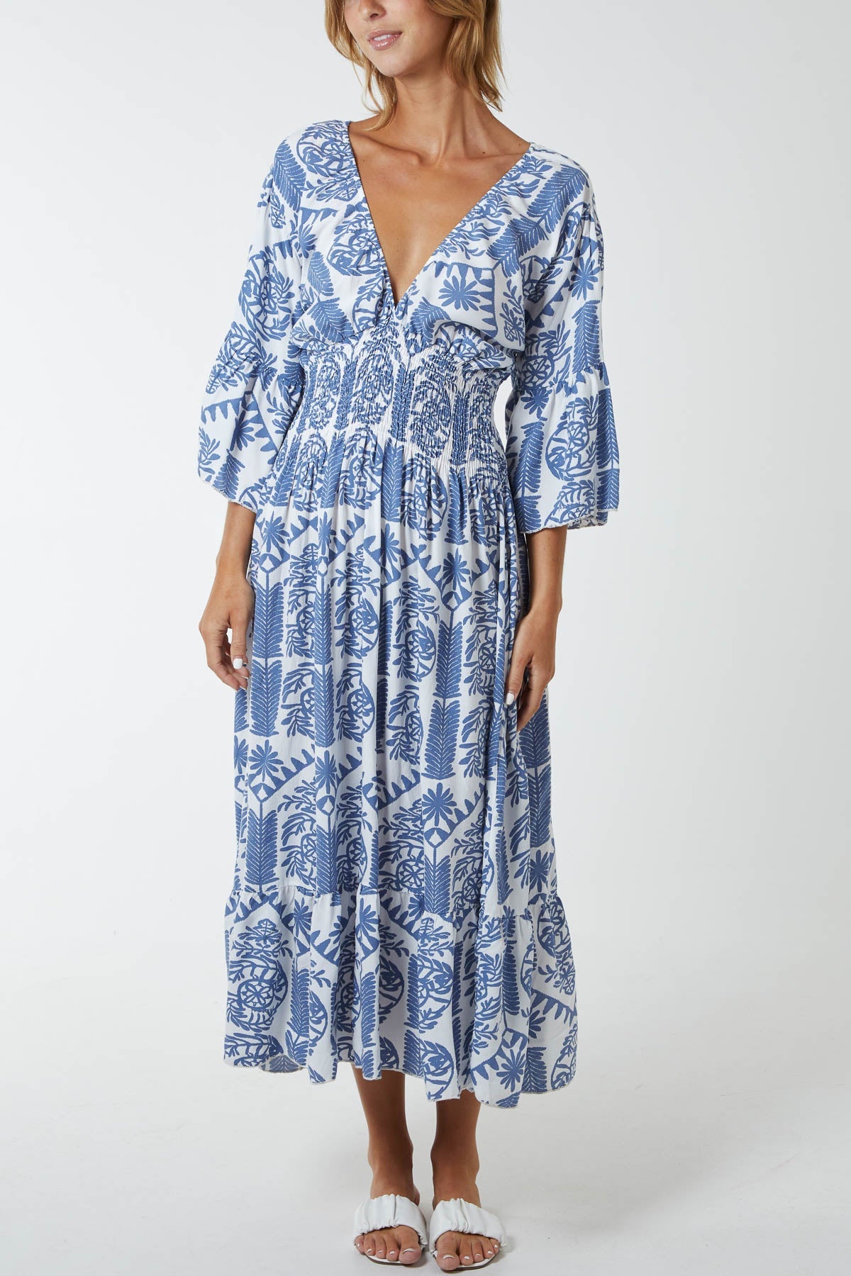 Baroque Floral Shirred Midi Dress DMF2 WearAll Denim One Size