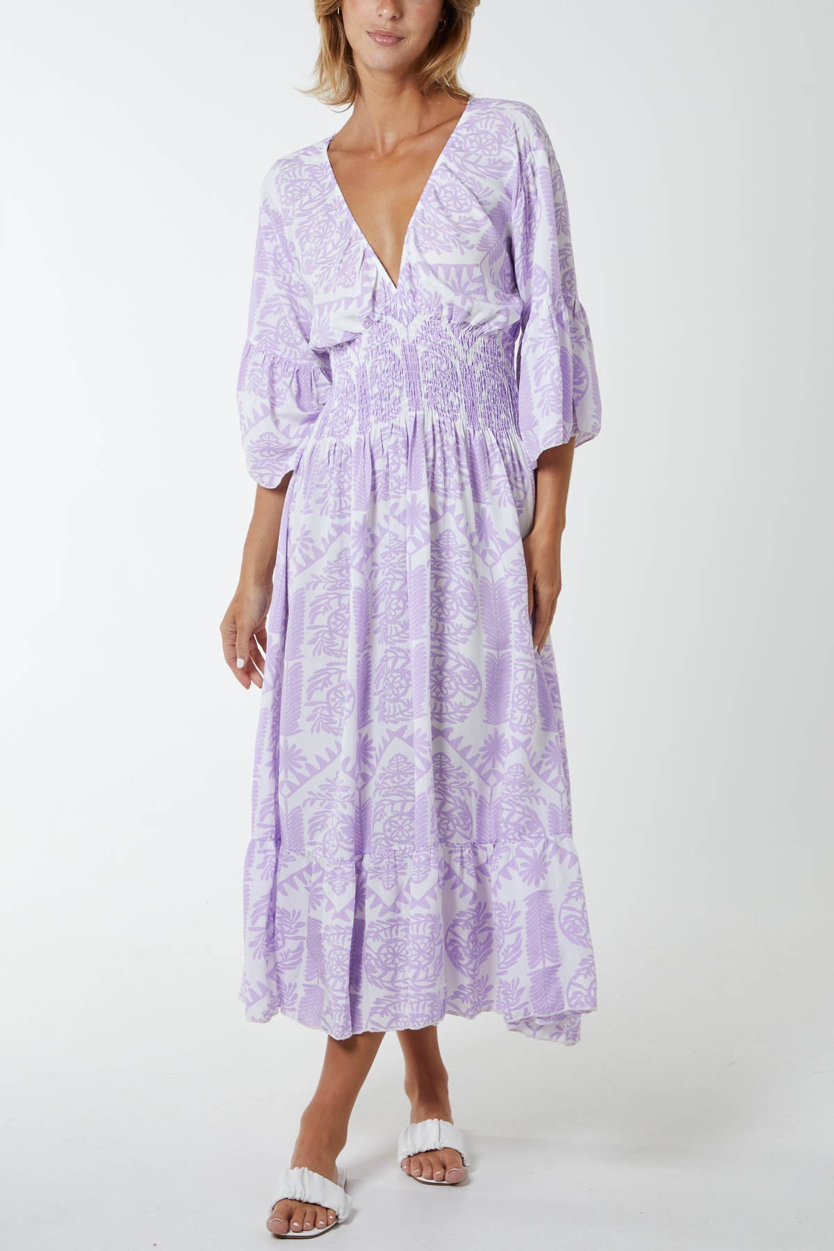 Baroque Floral Shirred Midi Dress DMF2 WearAll Lilac One Size