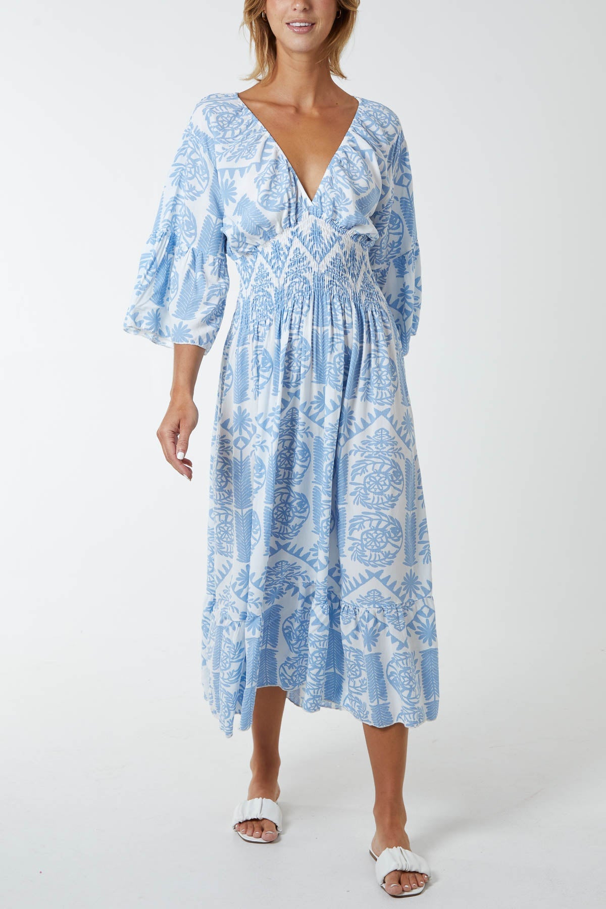 Baroque Floral Shirred Midi Dress DMF2 WearAll Light Blue One Size