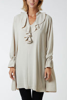 Ruffle Neck Tunic Dress DMF2 WearAll Beige One Size