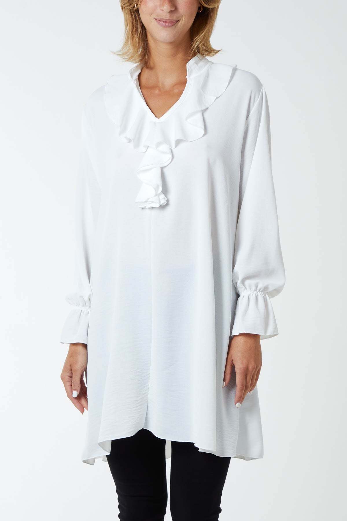 Ruffle Neck Tunic Dress DMF2 WearAll White One Size