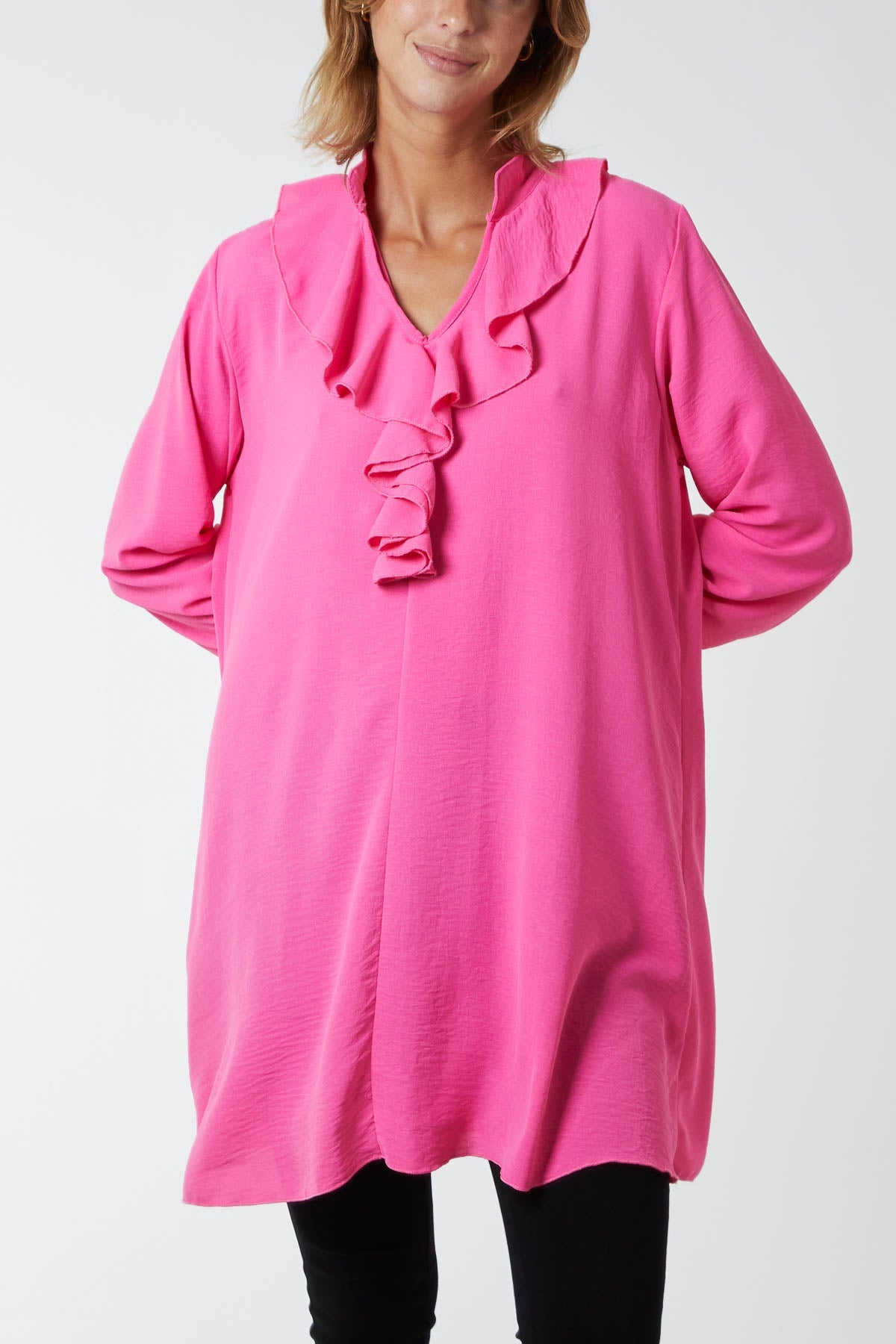 Ruffle Neck Tunic Dress DMF2 WearAll Hot Pink One Size