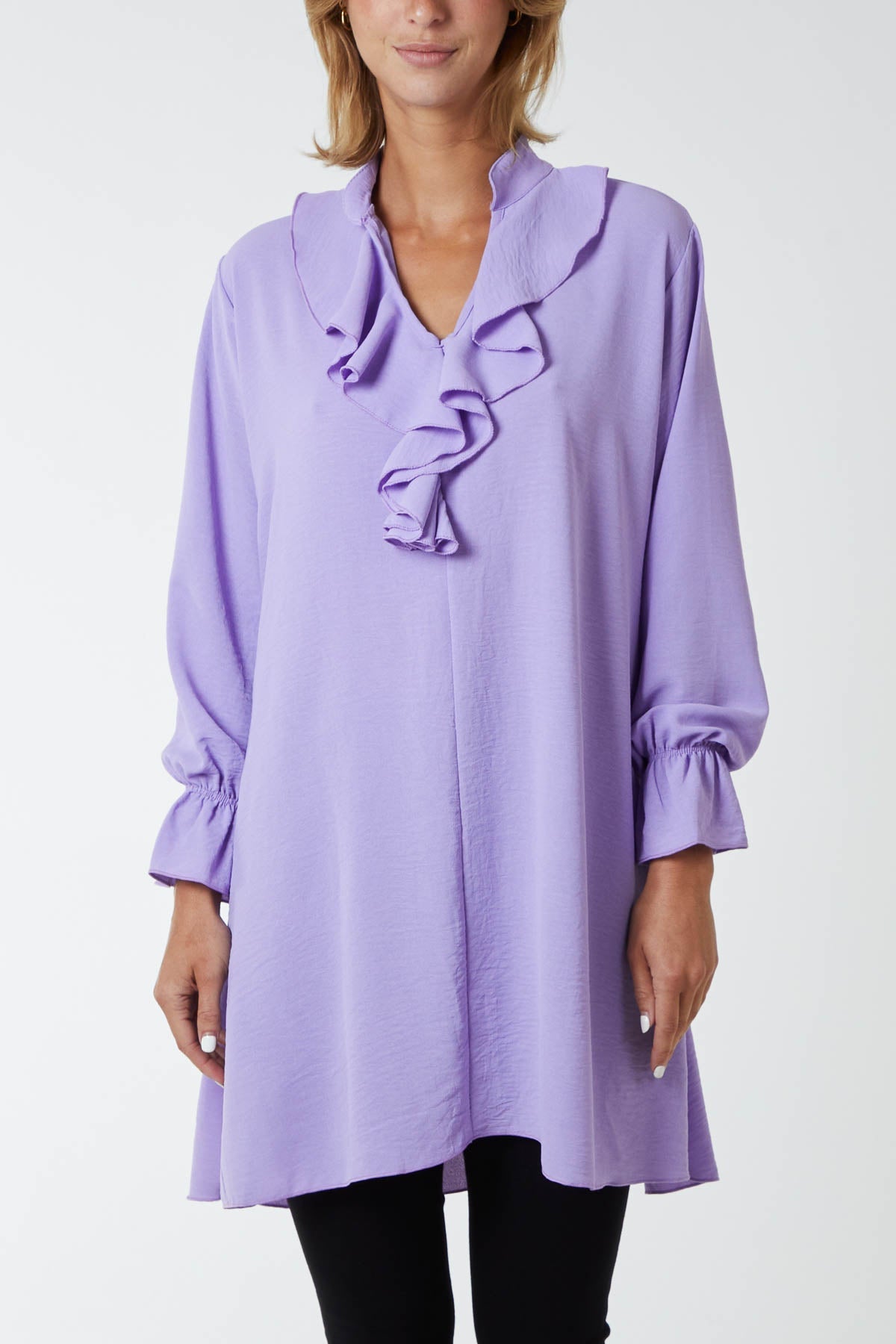 Ruffle Neck Tunic Dress DMF2 WearAll Lilac One Size