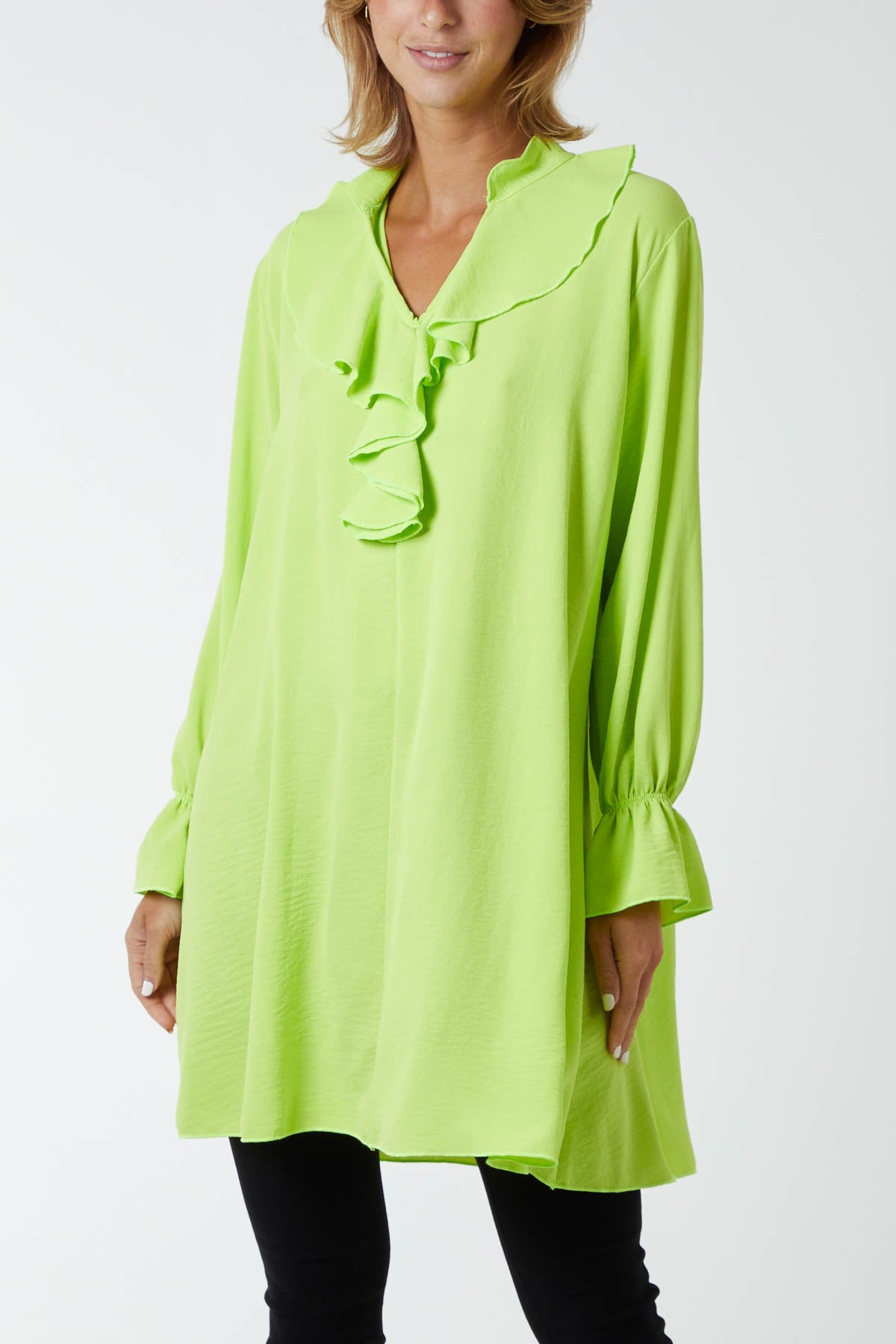 Ruffle Neck Tunic Dress DMF2 WearAll Lime One Size
