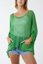Two Pocket Crochet Blouse TOPMF2 WearAll Apple Green One Size