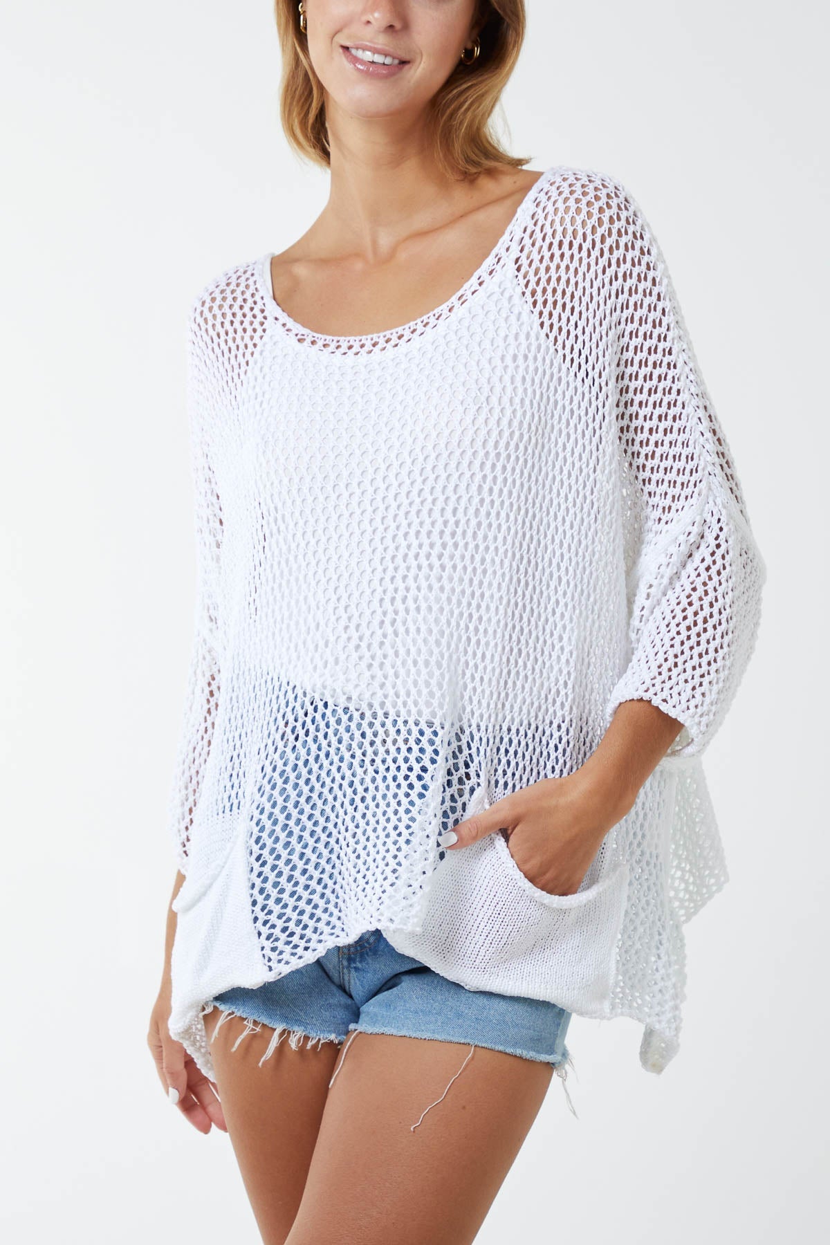 Two Pocket Crochet Blouse TOPMF2 WearAll White One Size