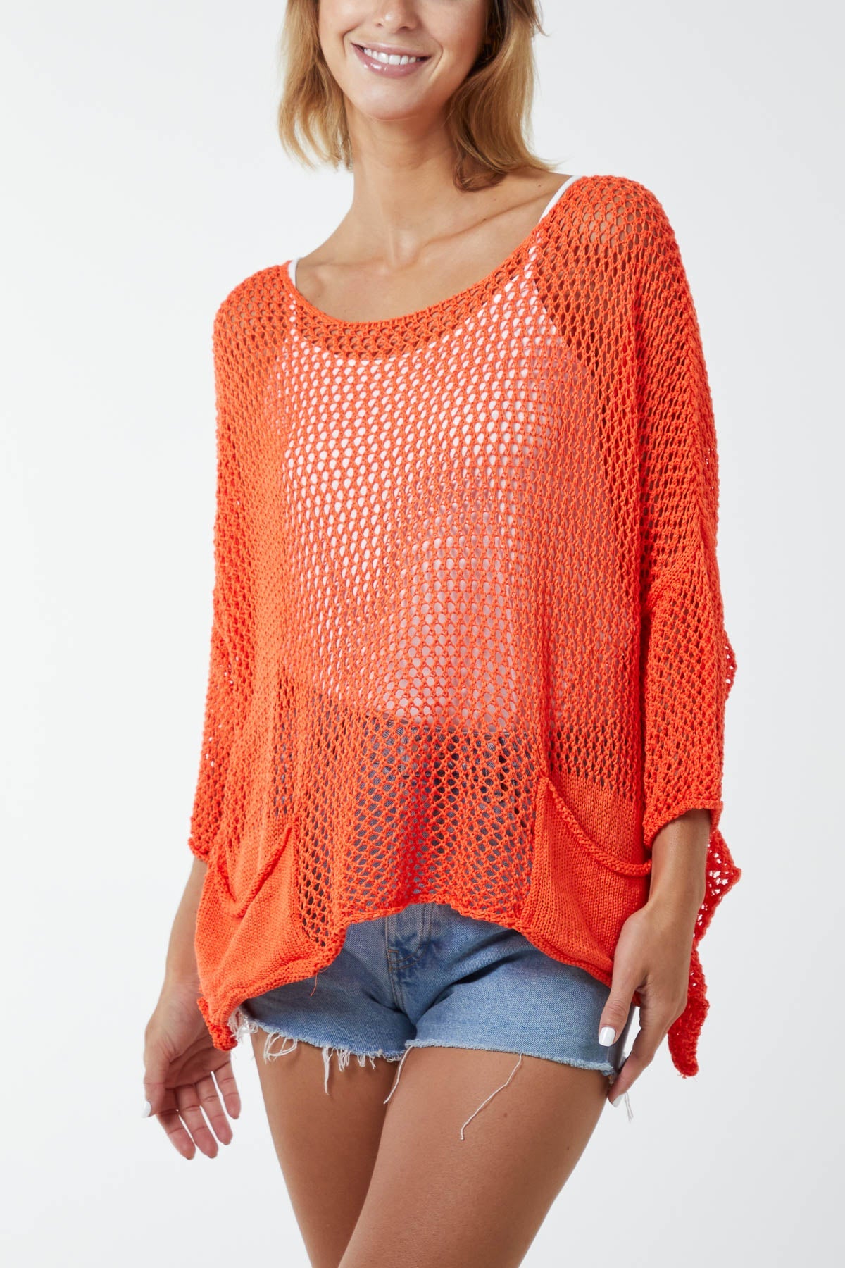Two Pocket Crochet Blouse TOPMF2 WearAll Orange One Size