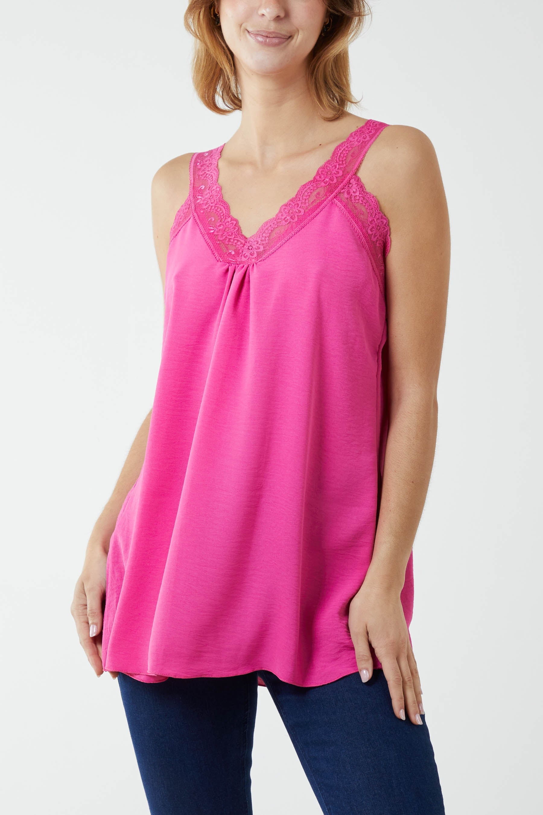 Lace Cami V Neck Top Tops WearAll Hot Pink One Size