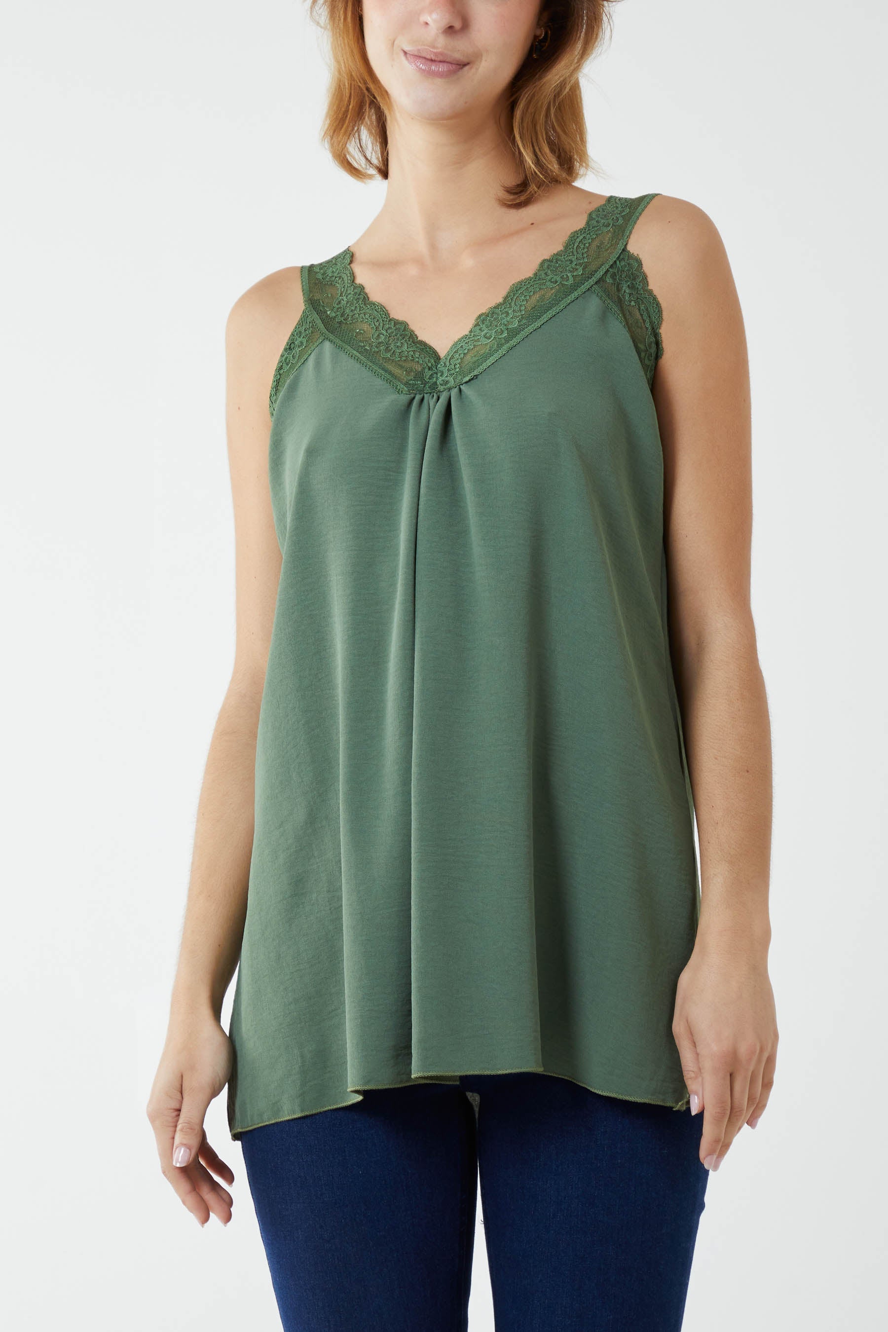 Lace Cami V Neck Top Tops WearAll Khaki One Size