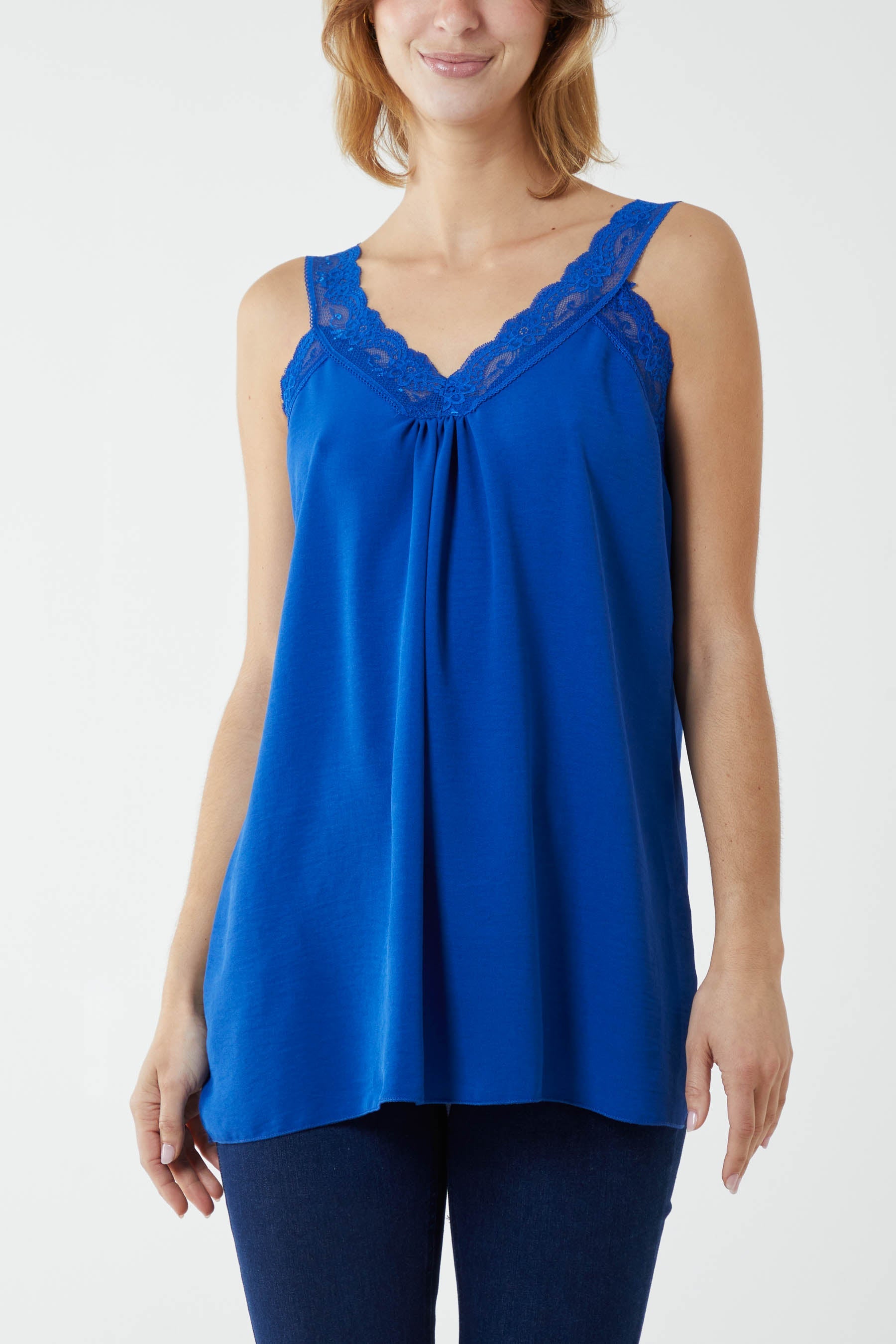 Lace Cami V Neck Top Tops WearAll Royal Blue One Size